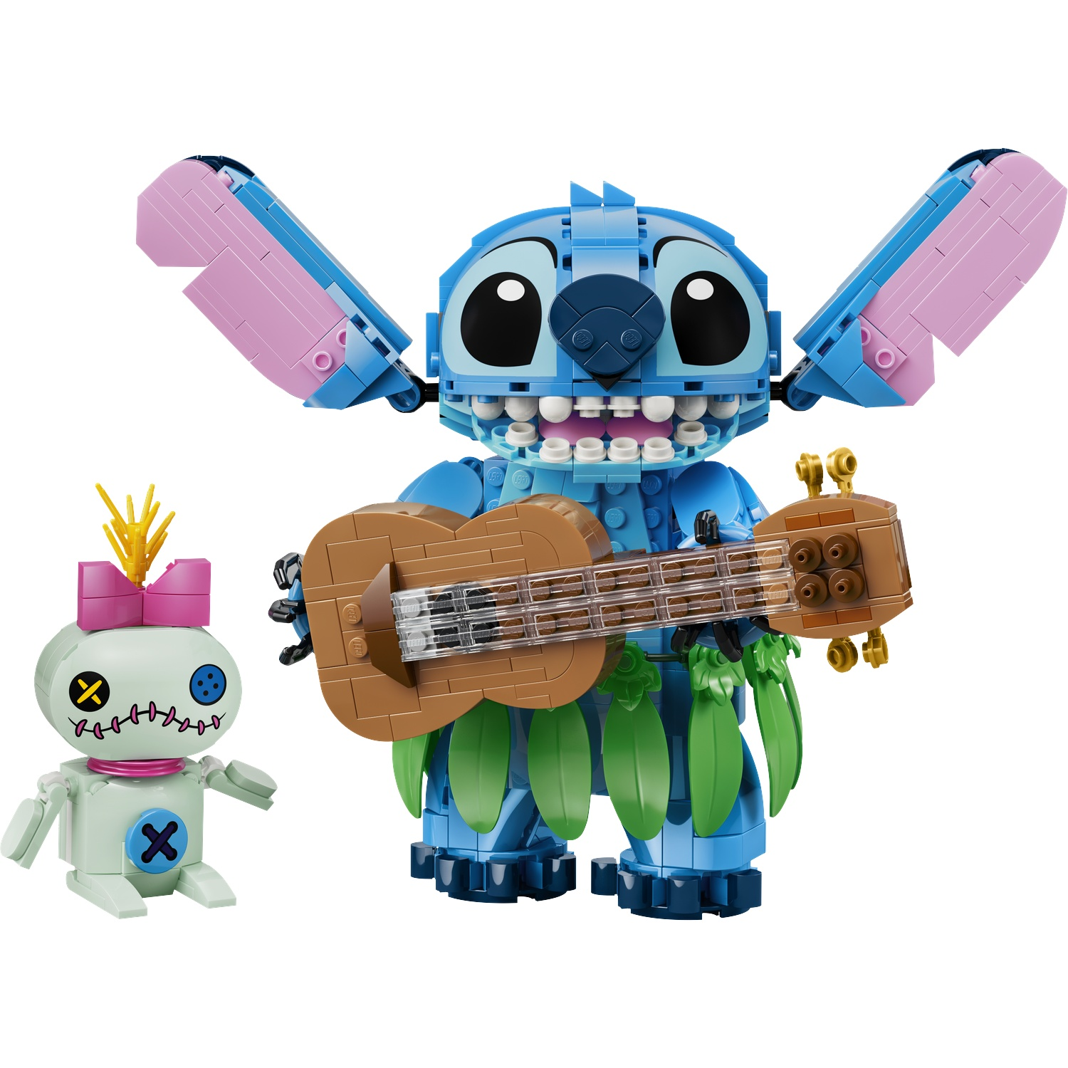 Un personnage bleu de Stitch en Lego joue du ukulélé à côté d'une petite poupée aux accents jaunes et bleus.