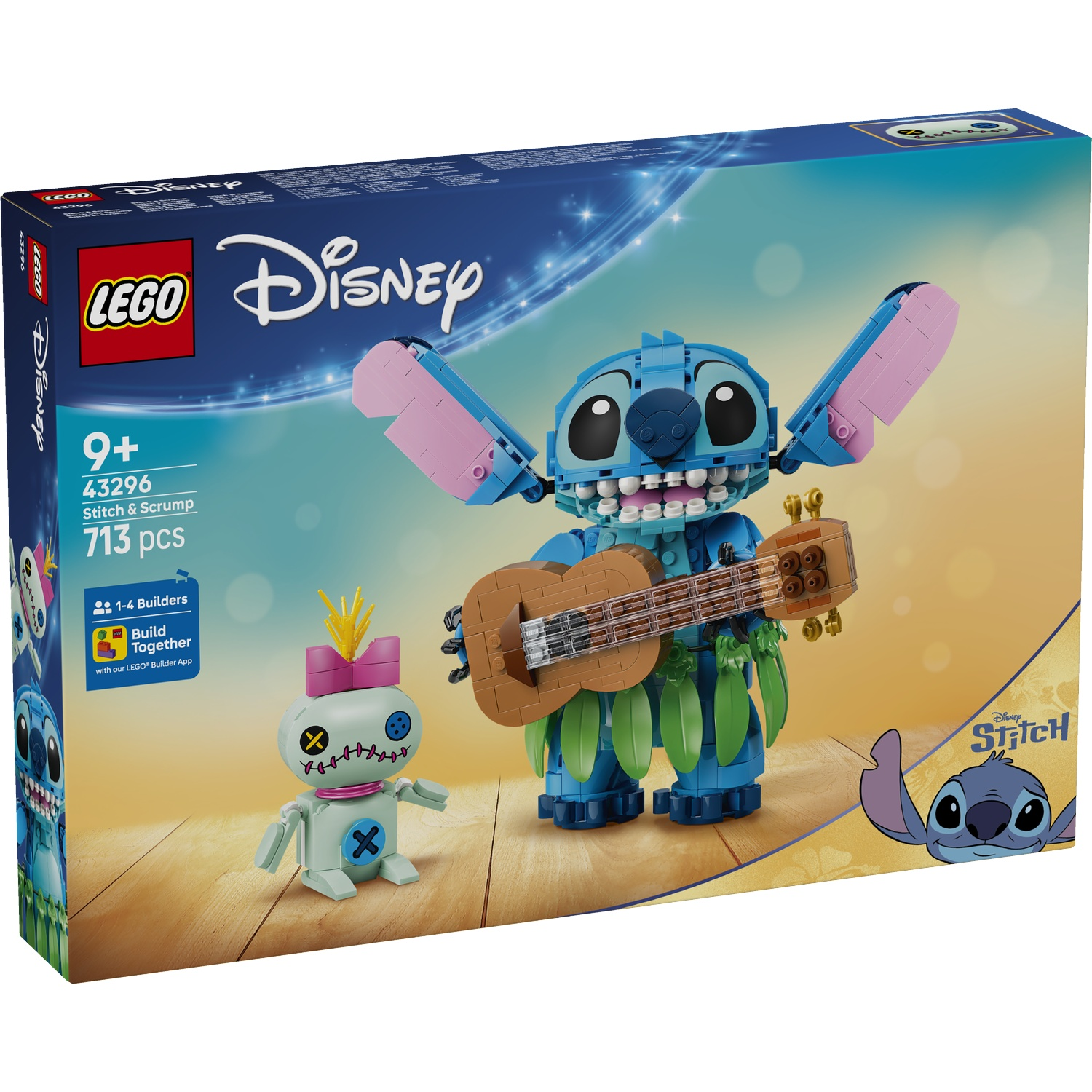 Set LEGO Disney Stitch avec les figurines de Stitch et Scrump sur une surface en bois.