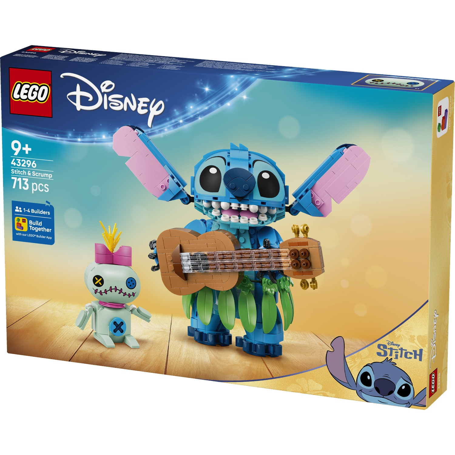 Boîte du set LEGO Disney Stitch & Scrump. Stitch joue de la ukulélé, Scrump à côté.