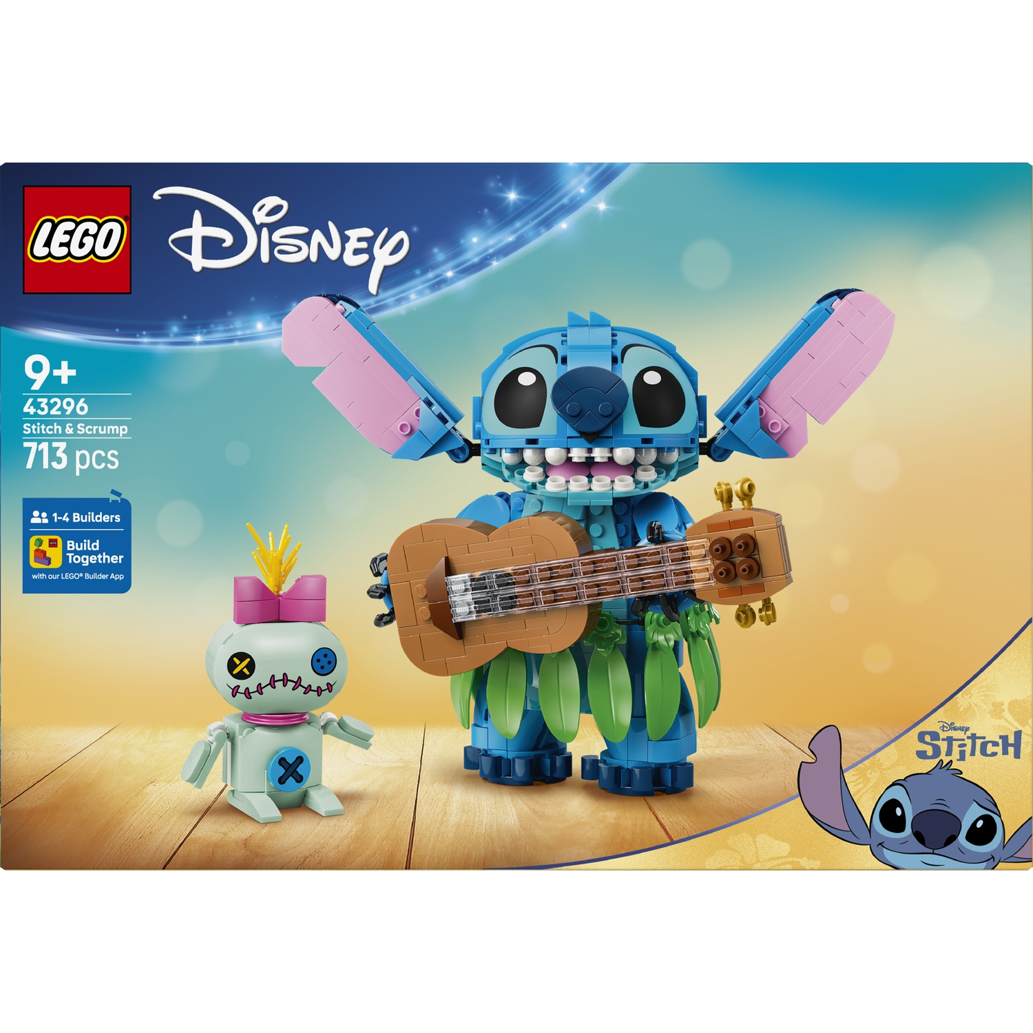 Set Lego avec Stitch et Scrump jouant du ukulélé sur un plancher en bois.
