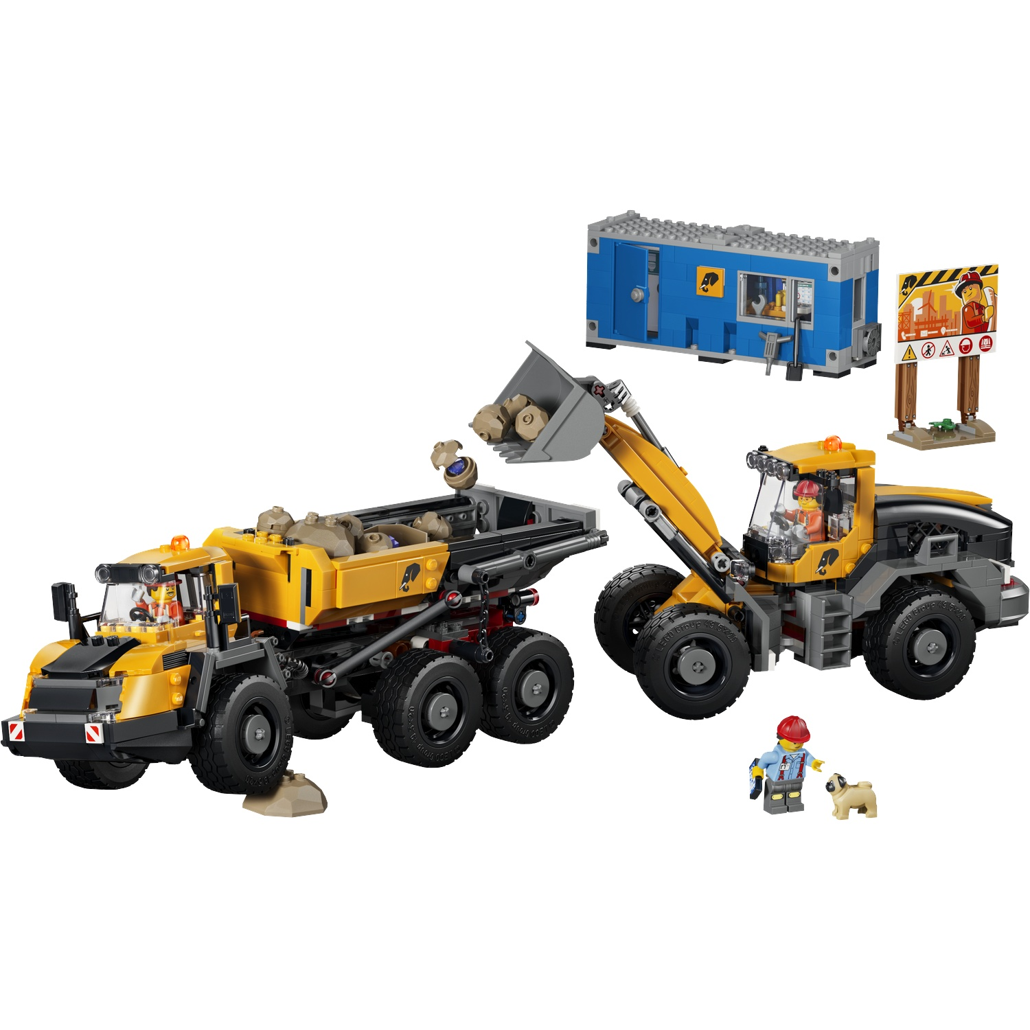 Camion benne jaune, pelleteuse jaune, conteneur bleu, panneau et figurines.