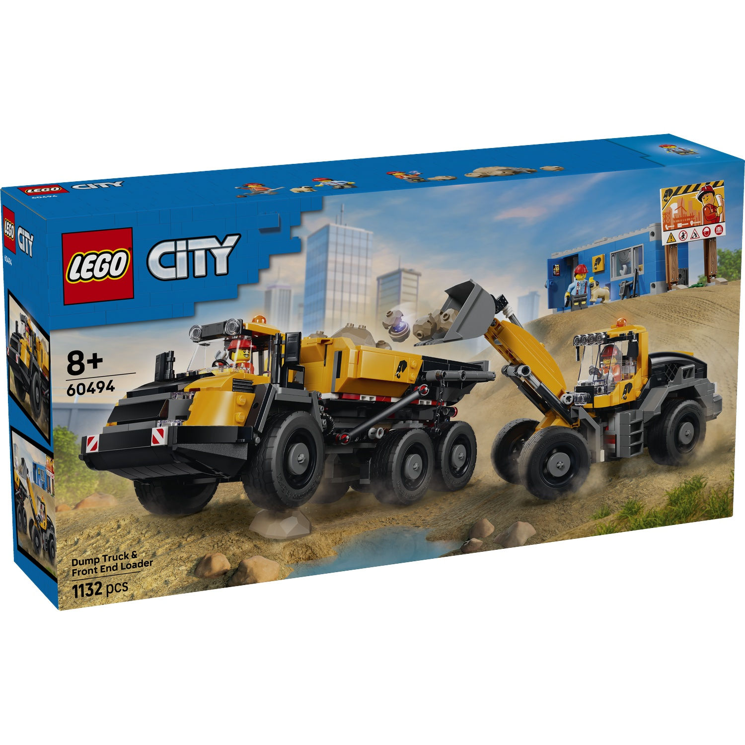 Boîte LEGO City montrant un camion-benne jaune et un chargeur frontal sur un chantier.