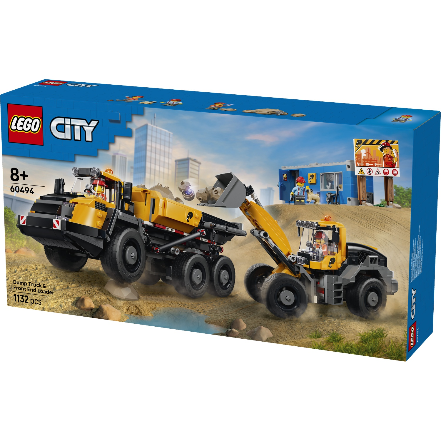 Ensemble Lego City de camion benne et chargeuse sur pneus. Chantier avec figurines.