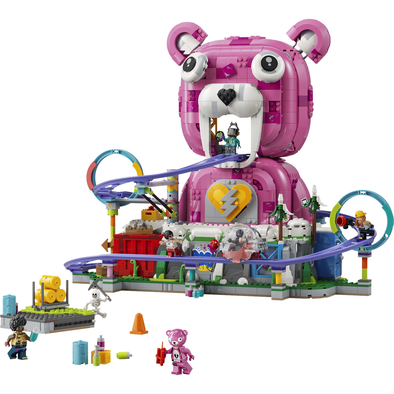 Un jeu de parc d'attractions Lego ours en peluche rose avec des figurines et accessoires.