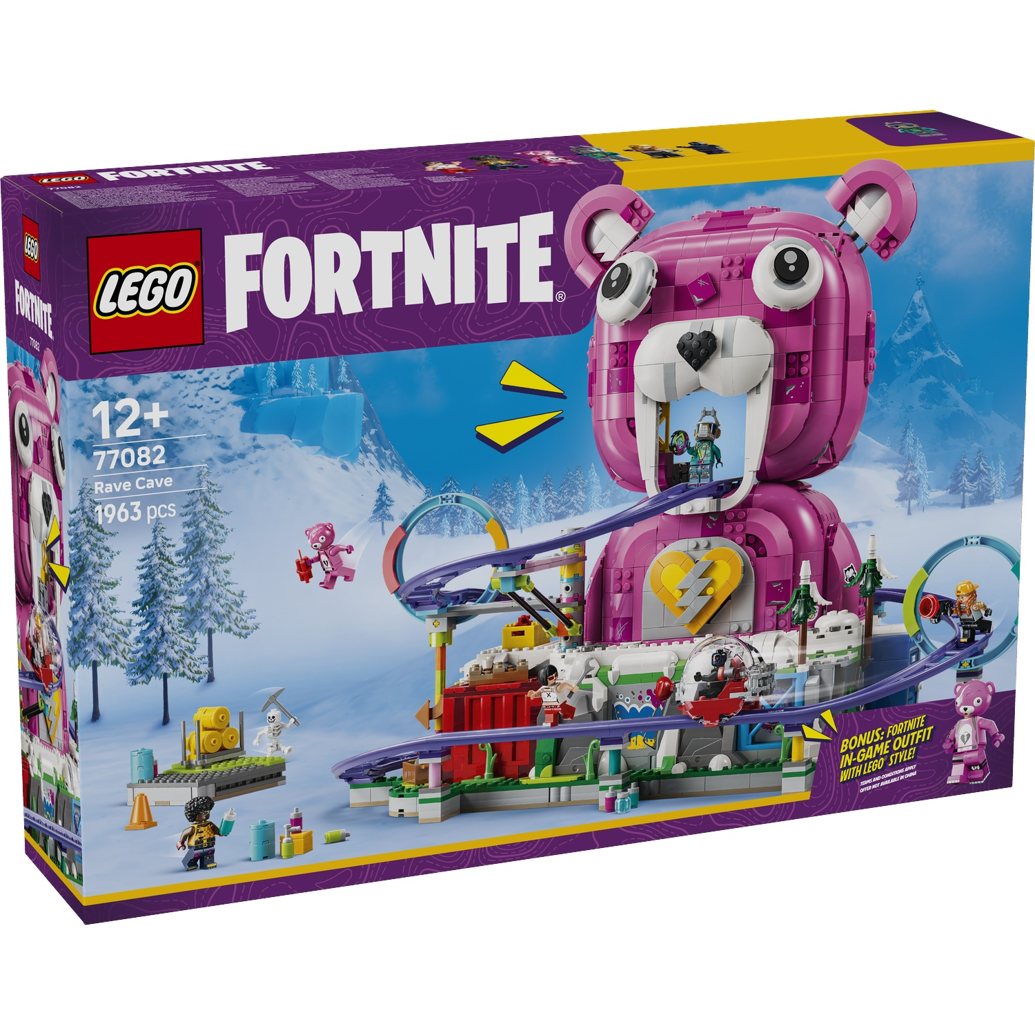 Set Lego Fortnite Rave Cave avec tête d'ours rose et montagnes russes.