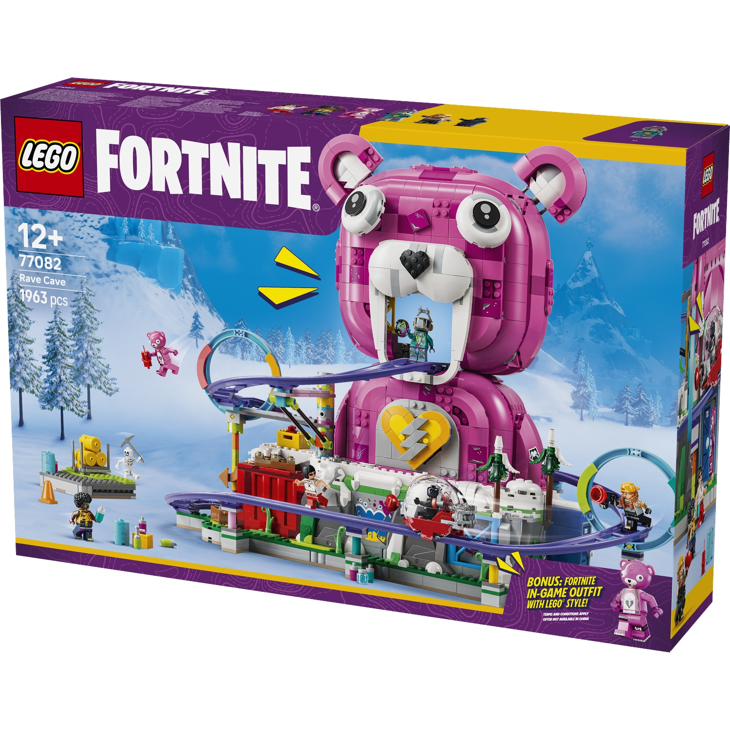 Boîte du set LEGO Fortnite Rave Cave avec ours rose, montagnes russes et figurines.