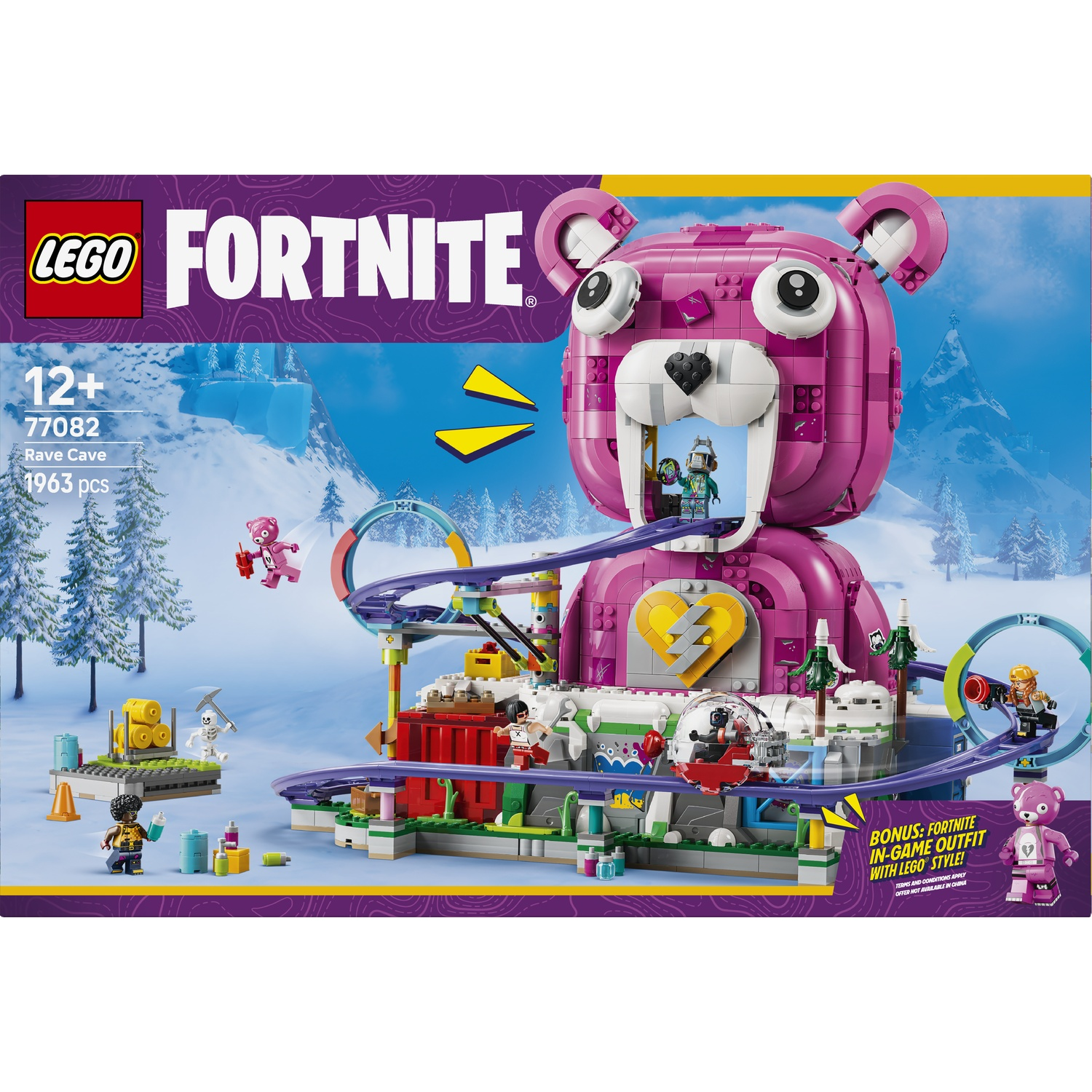 Ensemble Lego Fortnite : Grande grotte d'ours en peluche rose avec montagnes russes et figurines.