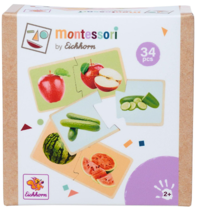 Verpackung mit Montessori-Puzzles: Äpfel, Gurken, Wassermelone.