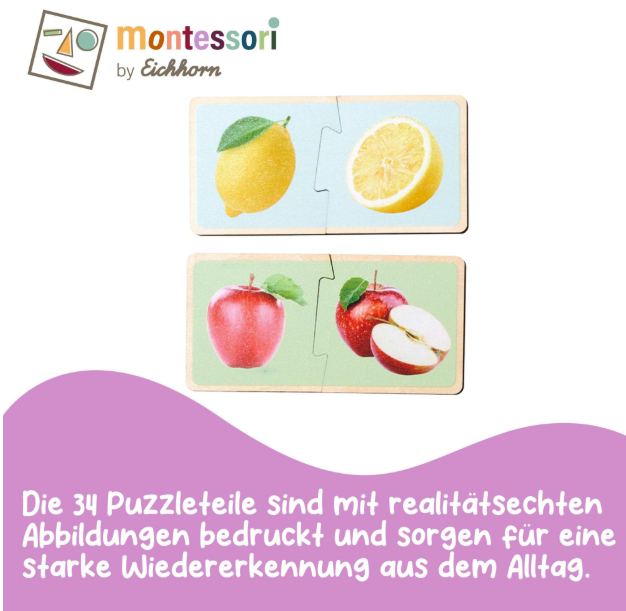 Zwei Puzzles zeigen Früchte: oben eine Zitrone, unten ein Apfel.
