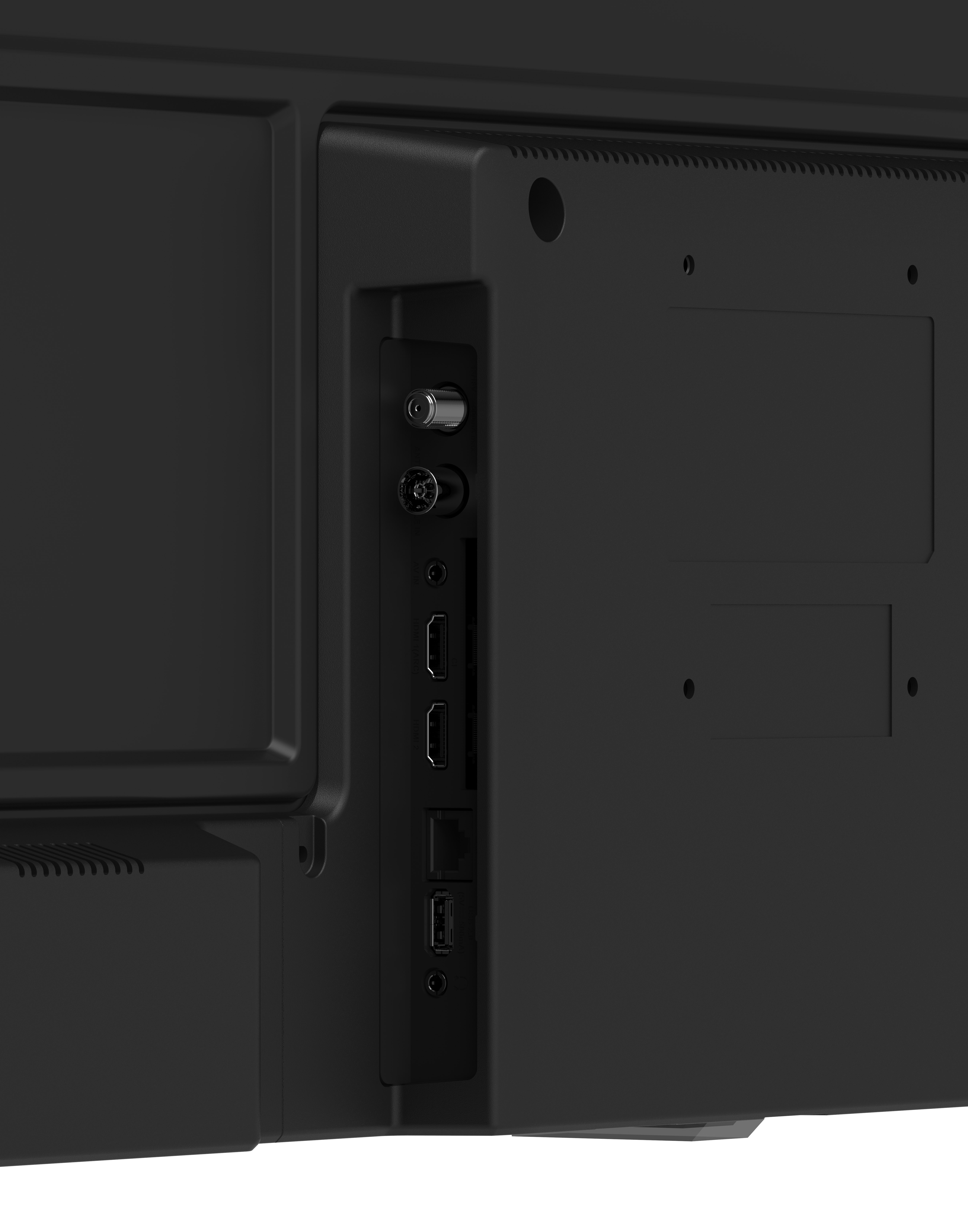 Rückseite eines schwarzen Fernsehers mit Anschlüssen wie HDMI, USB und Antenne.