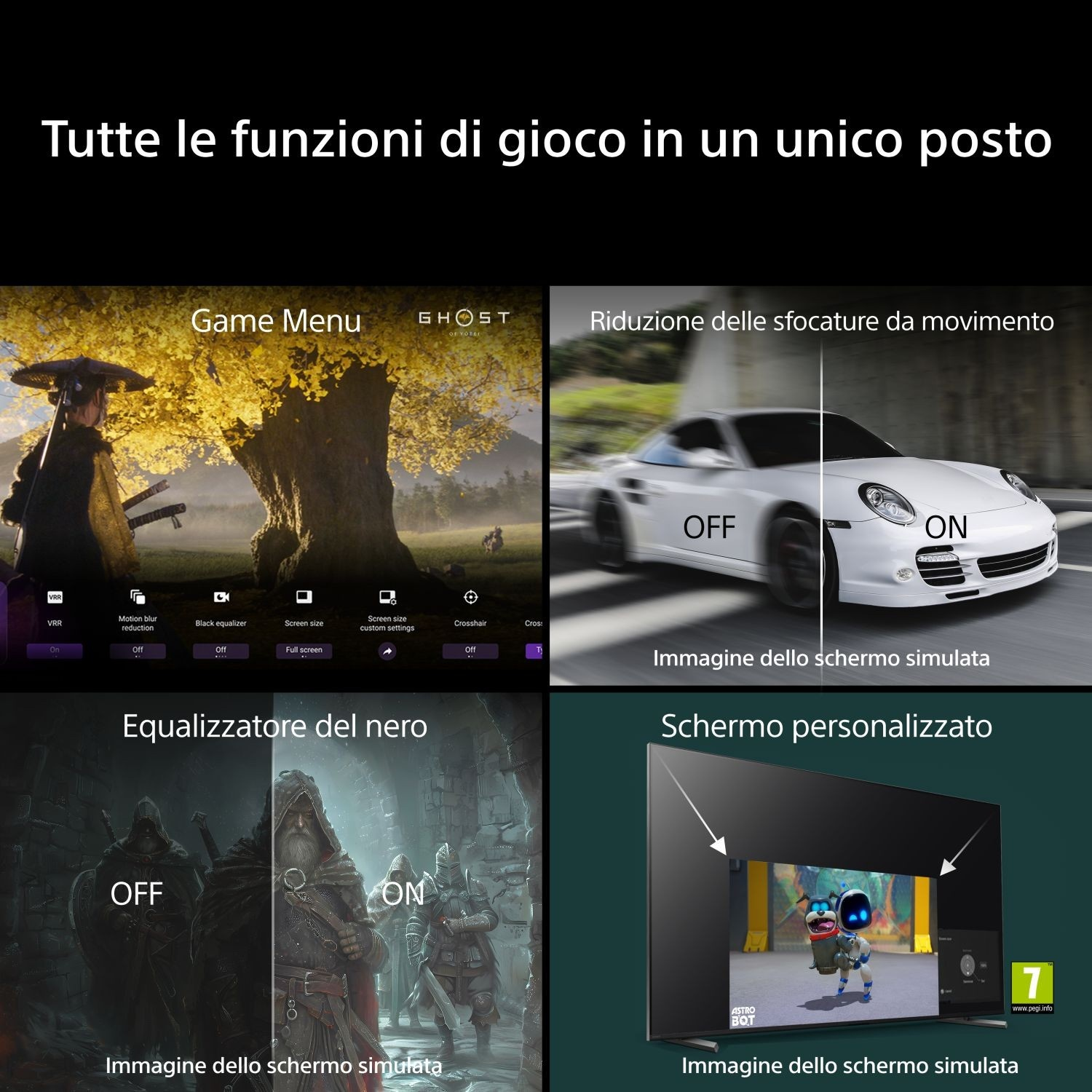 Menu di gioco, riduzione sfocatura movimento, equalizzatore nero, dimensione schermo, impostazioni.