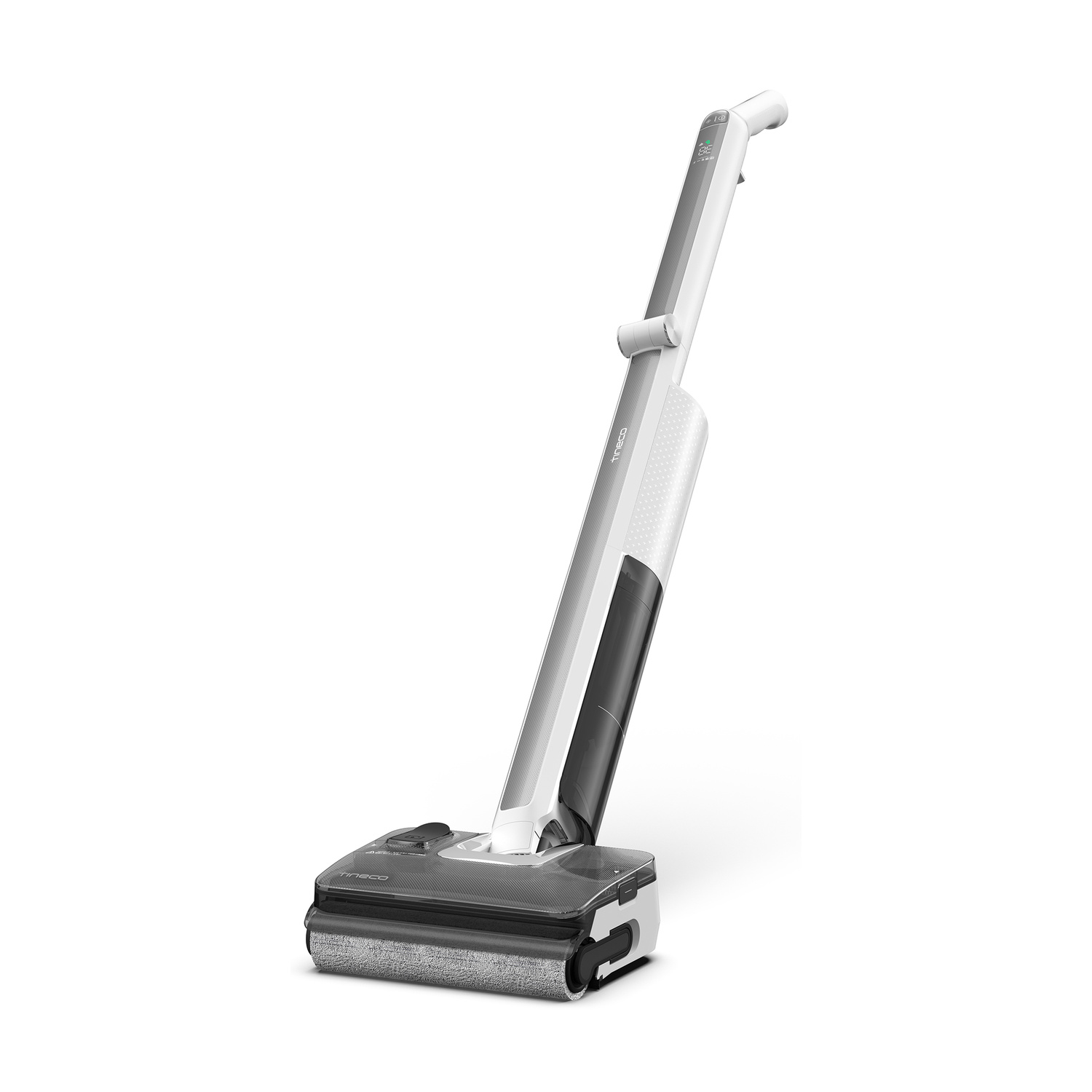 Un moderno aspirapolvere bianco e grigio bagnato asciutto con display.