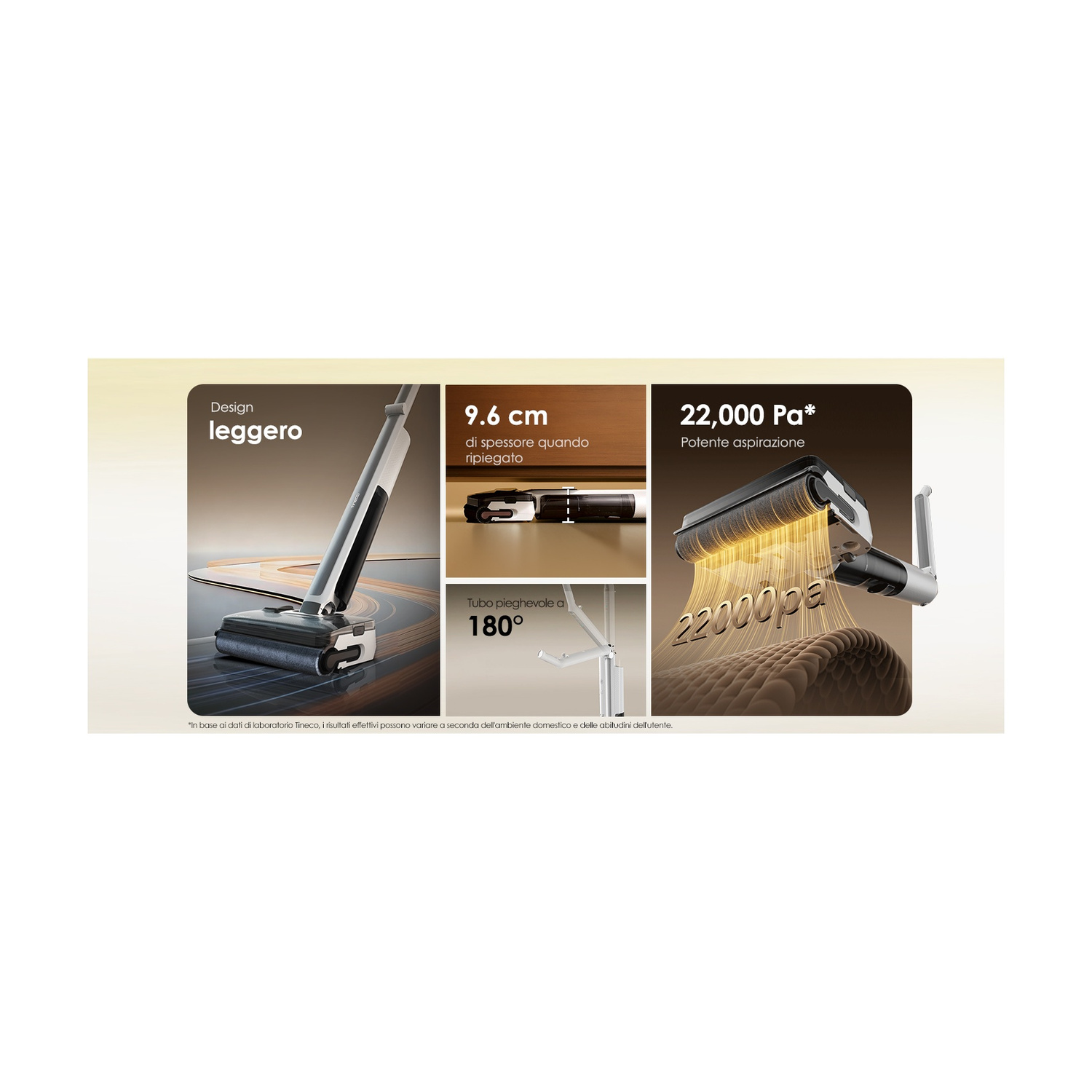 Leggero, 9,6 cm piegato, tubo flessibile 180°, 22.000 Pa aspirazione.