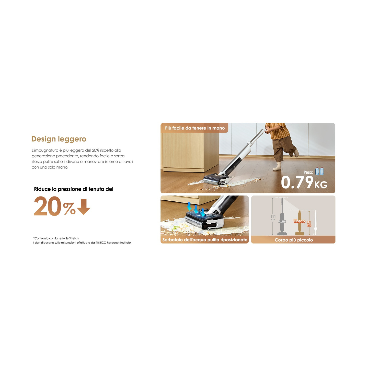 Design leggero: Un bambino usa un aspirapolvere leggero che pesa 0,79 kg.
