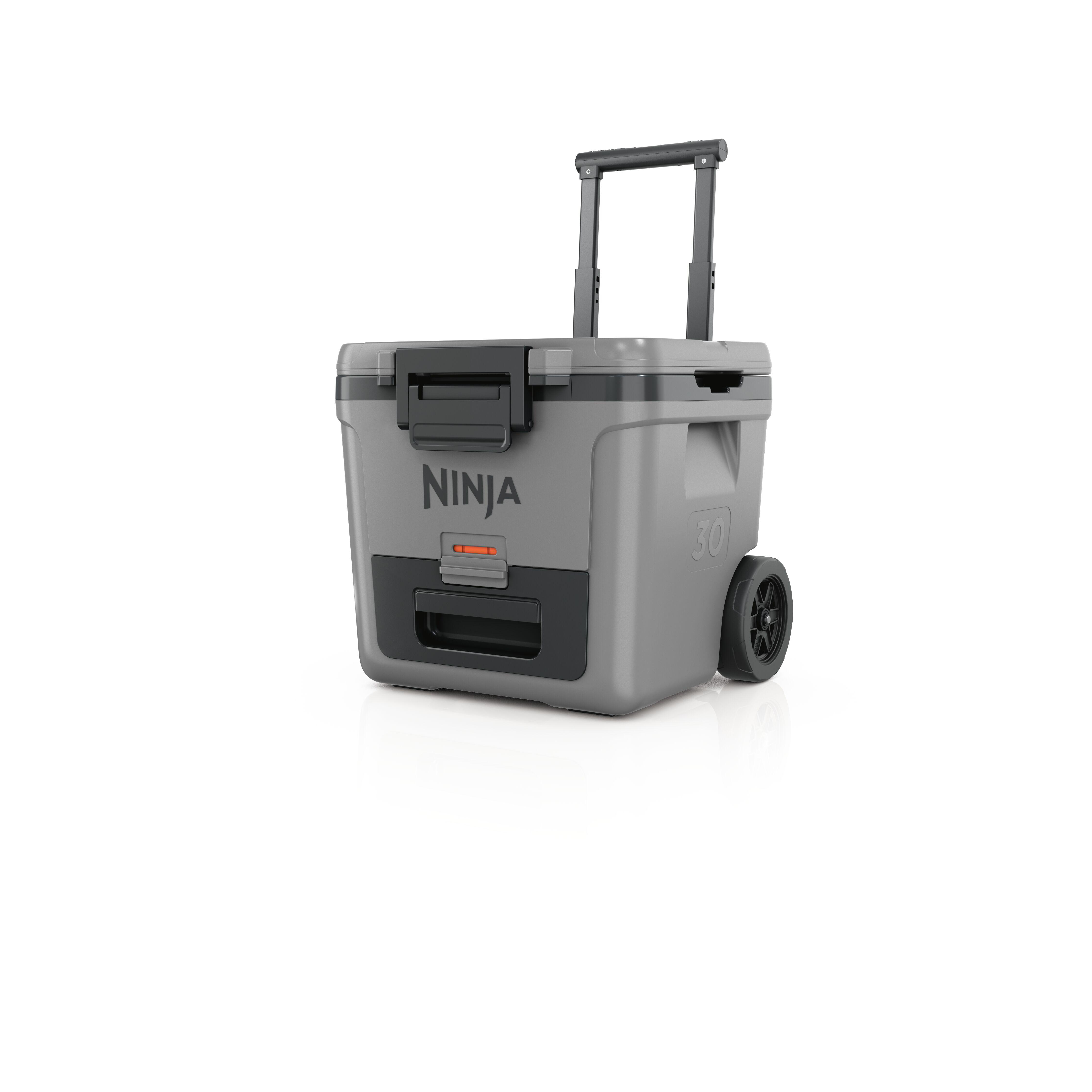 Grauer Kühlbox mit Rädern und ausziehbarem Griff, Ninja-Logo.