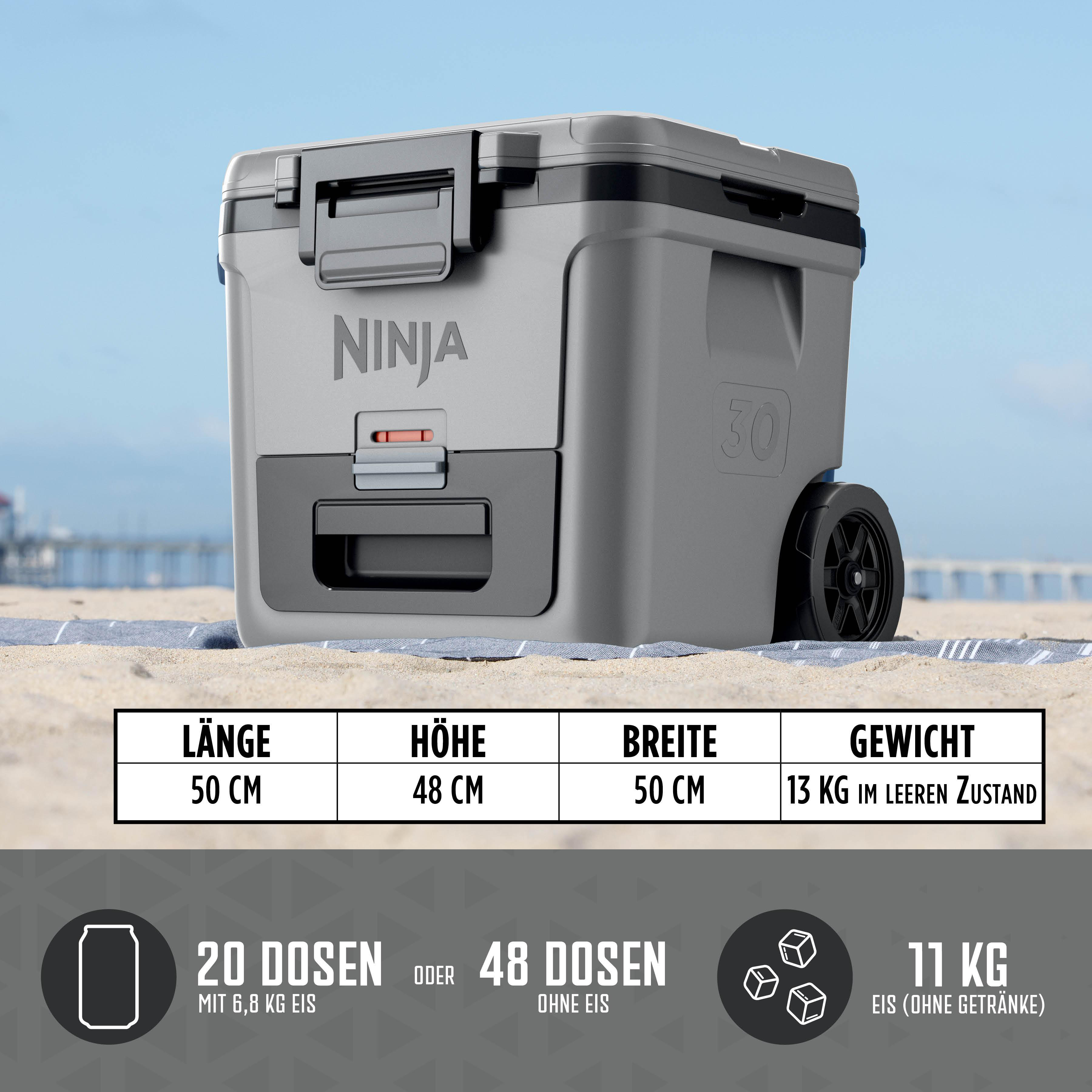 Grauer Kühler mit Rädern am Strand, mit Maßangaben und Kapazitätsanzeigen.