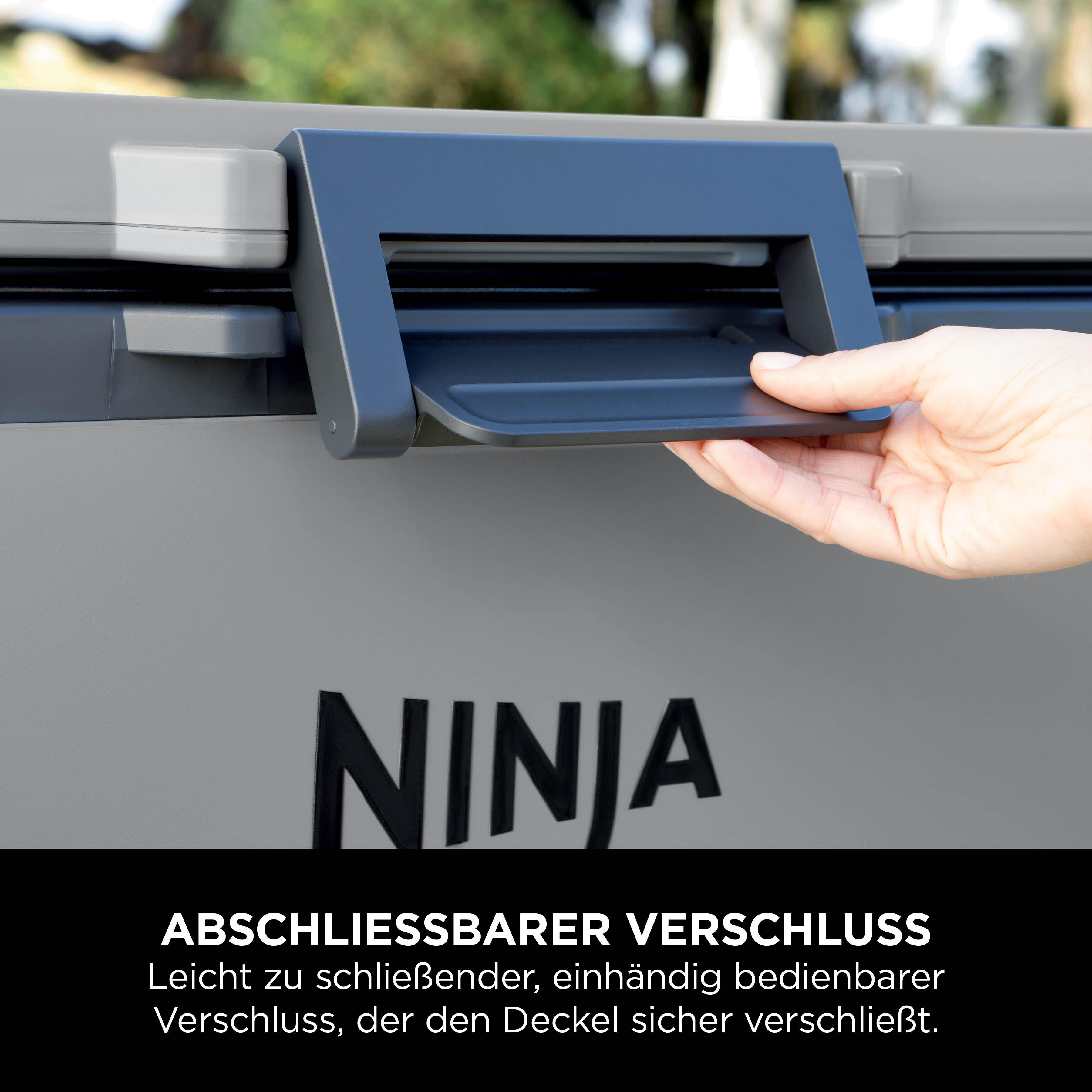 Grauer Kühlboxverschluss mit "NINJA" Logo, von Hand bedient.