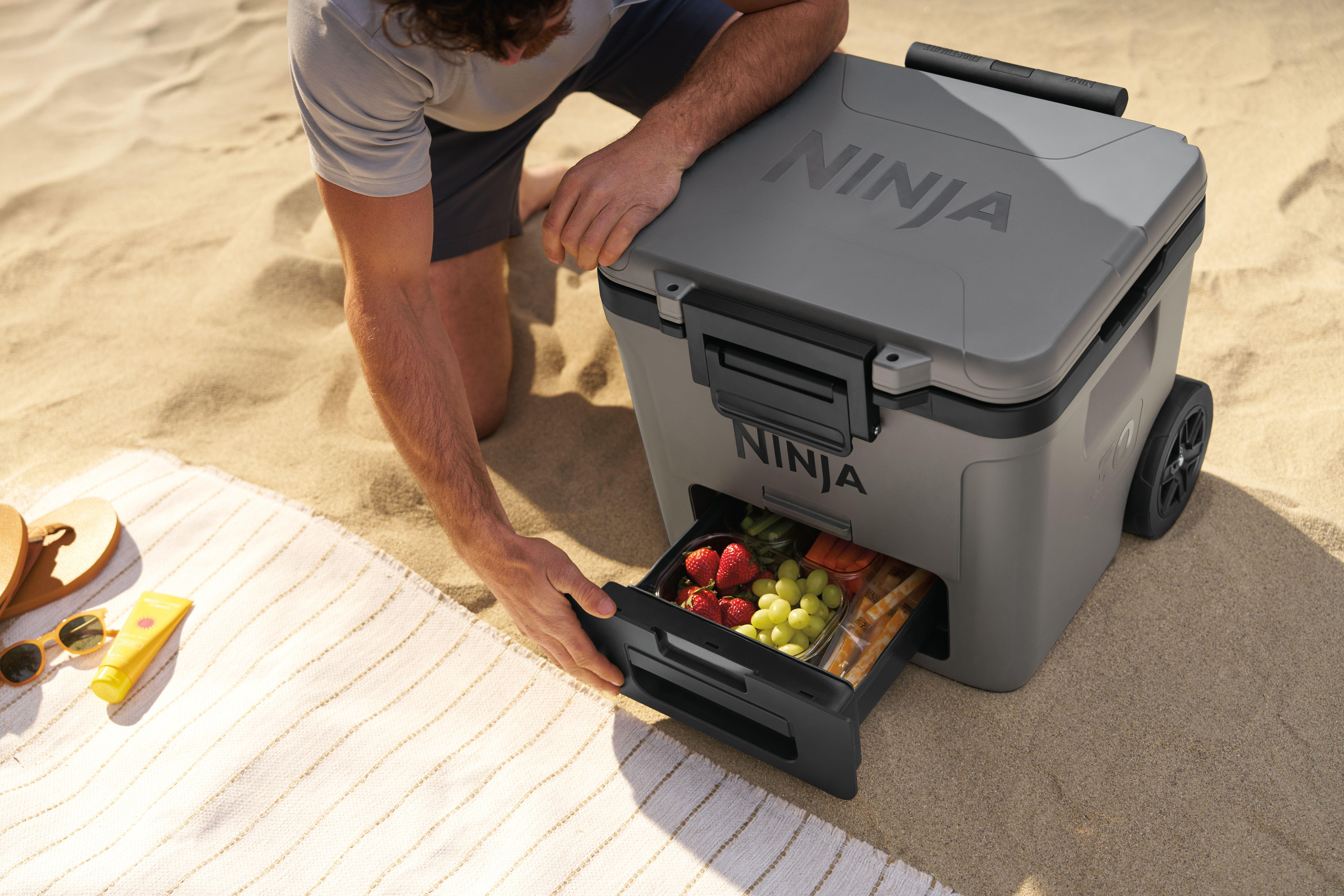 Mann öffnet Schublade eines grauen Kühlers am Strand mit Obst und Snacks.