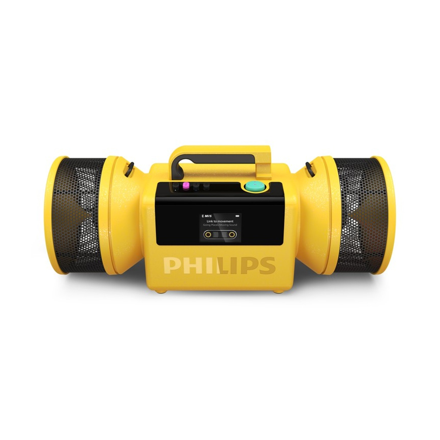Dispositivo Philips giallo con due ventole e sezione centrale nera con schermo.