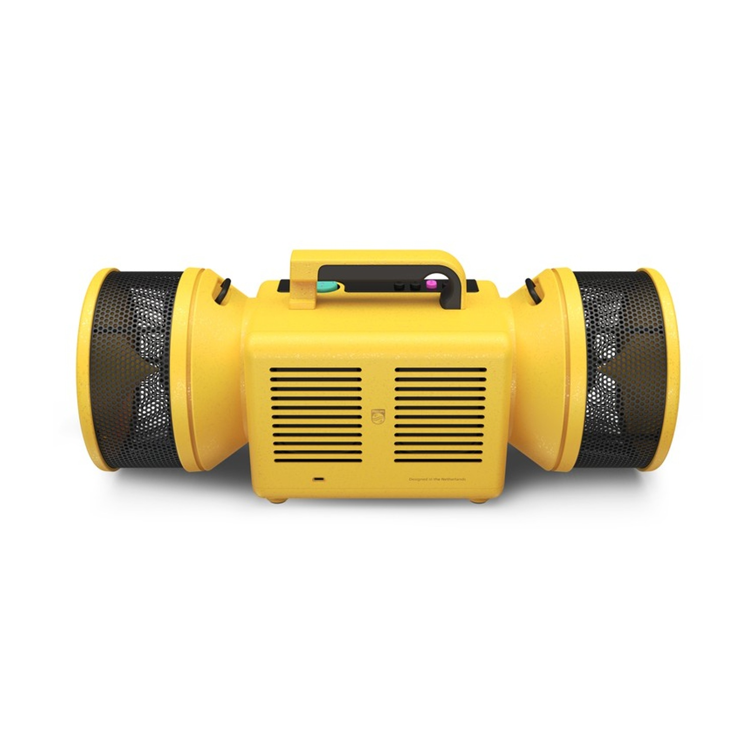Un ventilatore giallo con due griglie nere e una maniglia.