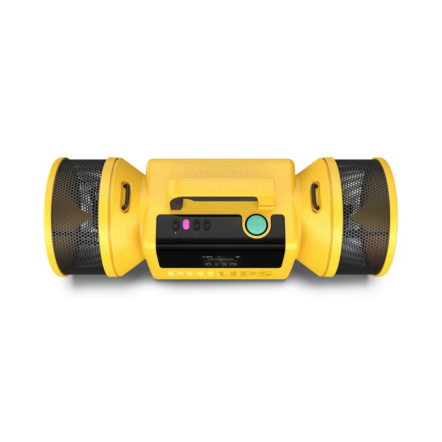 Dispositivo giallo con due altoparlanti e un display.