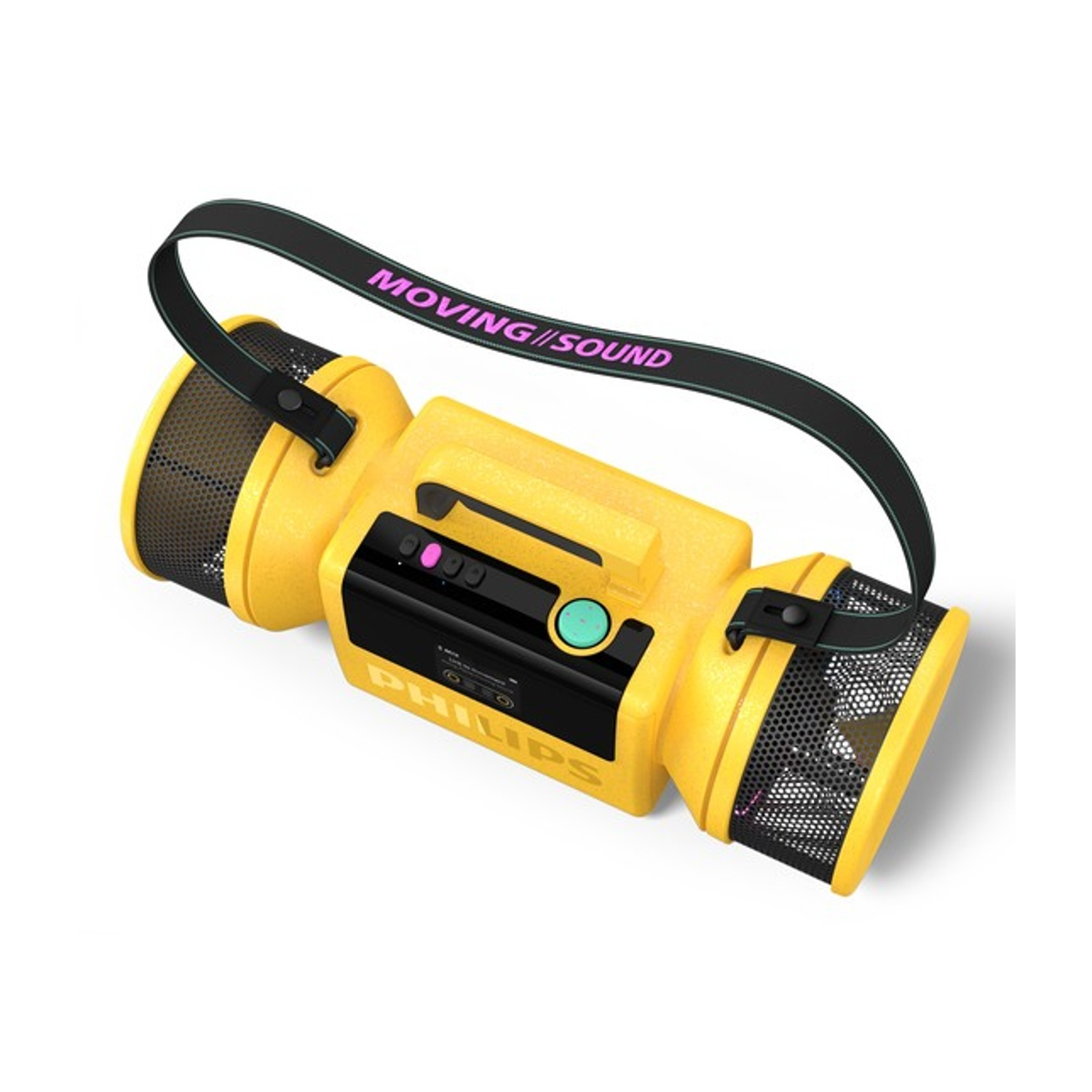 Un altoparlante Philips giallo con tracolla nera e coperture mesh.
