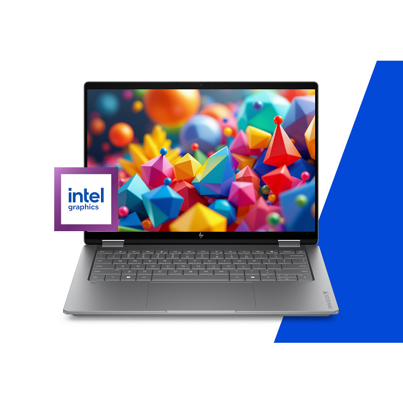 Ein offener Laptop mit bunter 3D-Grafik auf dem Bildschirm und Intel-Grafik-Logo.