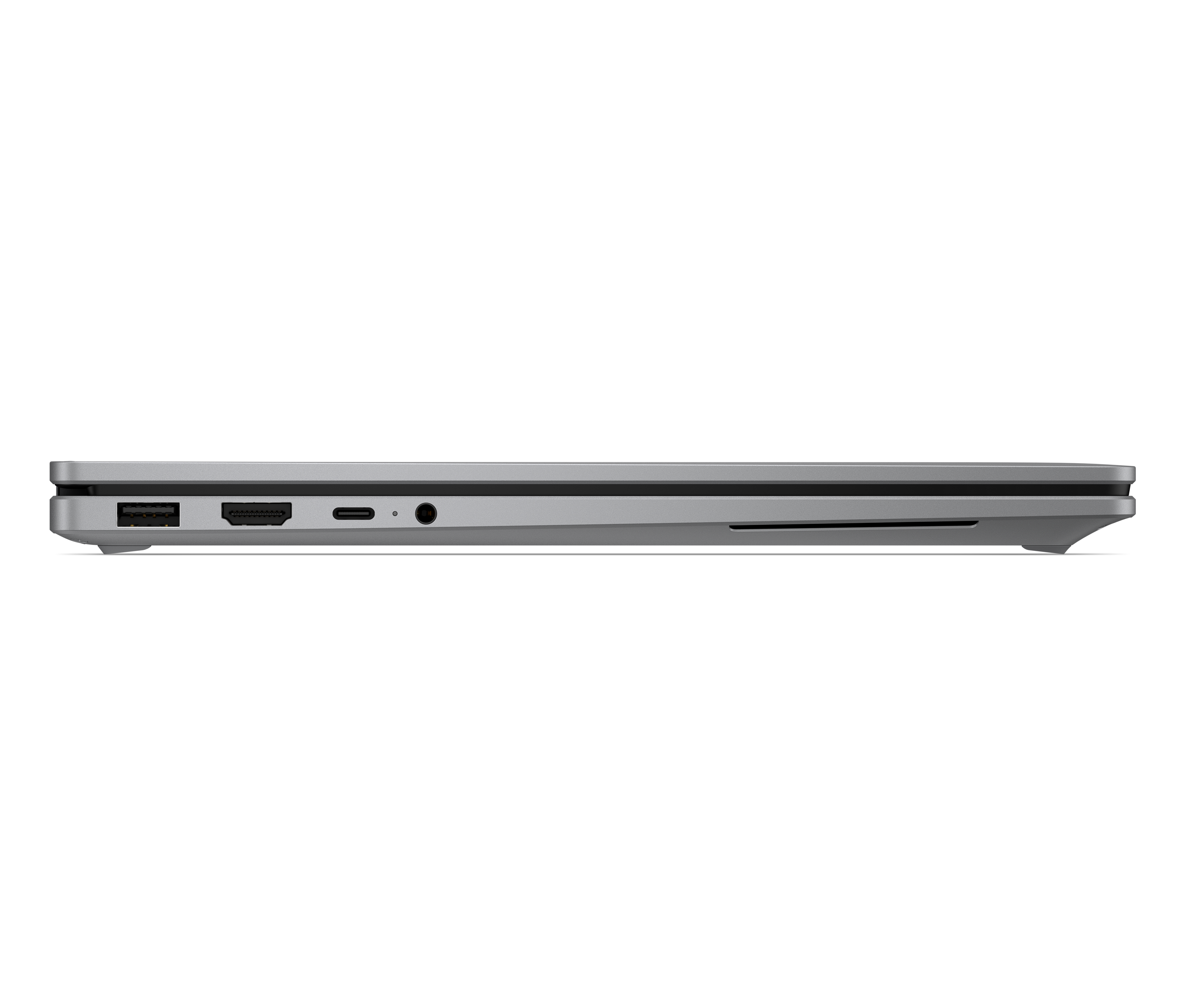 Seitenansicht eines schlanken Laptops mit Anschlüssen: USB, HDMI, USB-C, Kopfhöreranschluss.