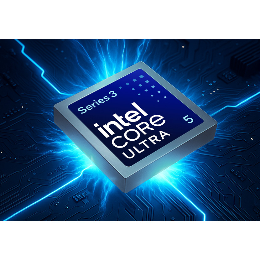 Intel Core Ultra 5 Prozessor auf einer blauen Leiterplatte mit Lichteffekten.