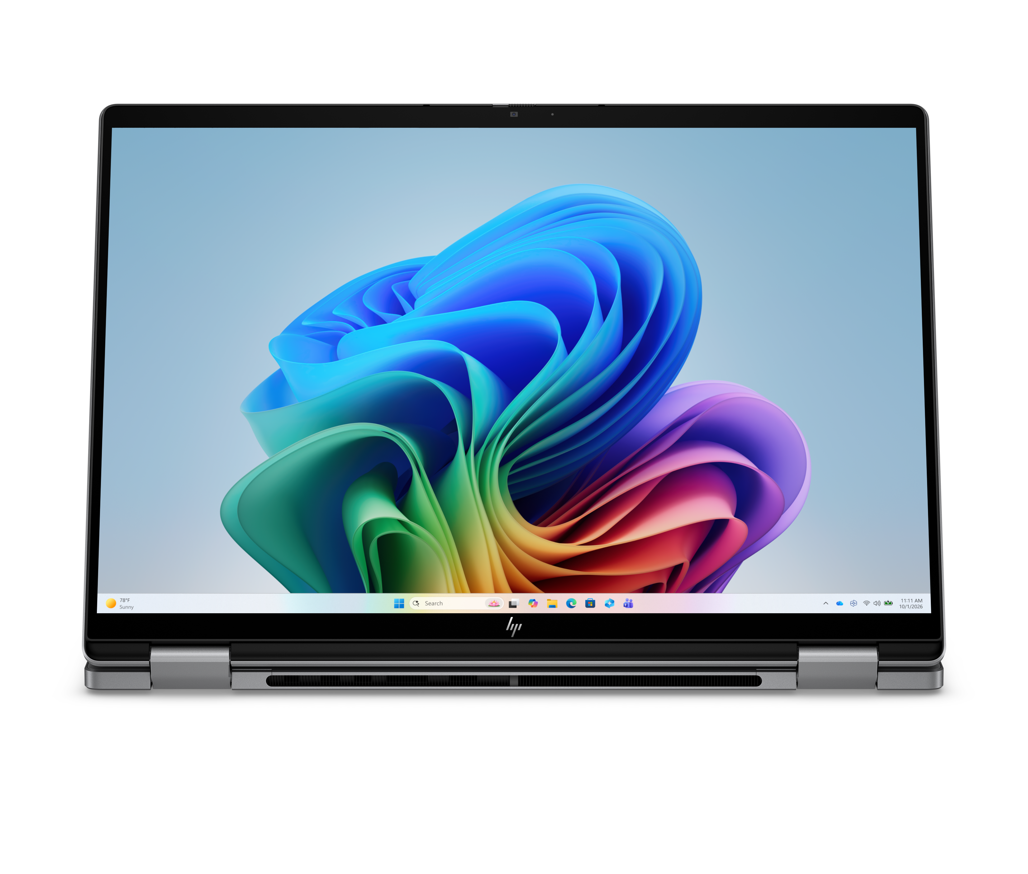 Ein geöffneter Laptop mit einem bunten, abstrakten Hintergrundbild. Wetter- und Uhrzeitdetails.