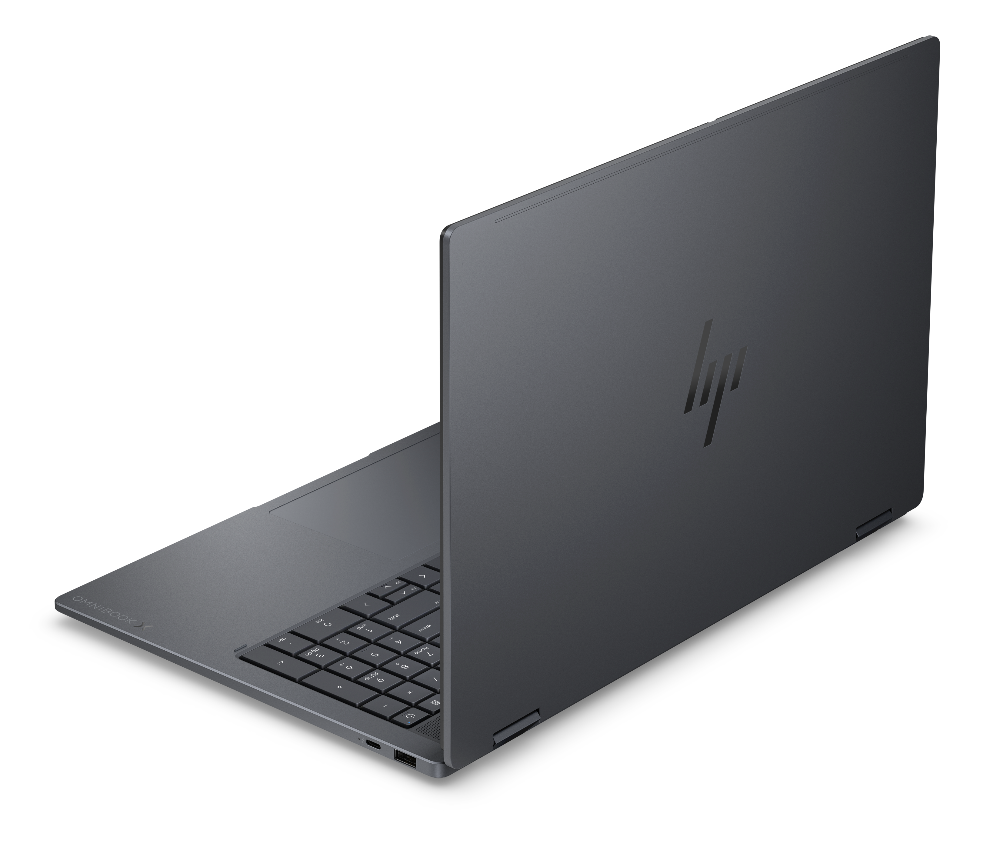 Ein graues HP Omnibook X-Laptop mit Tastatur und HP-Logo auf dem Deckel.