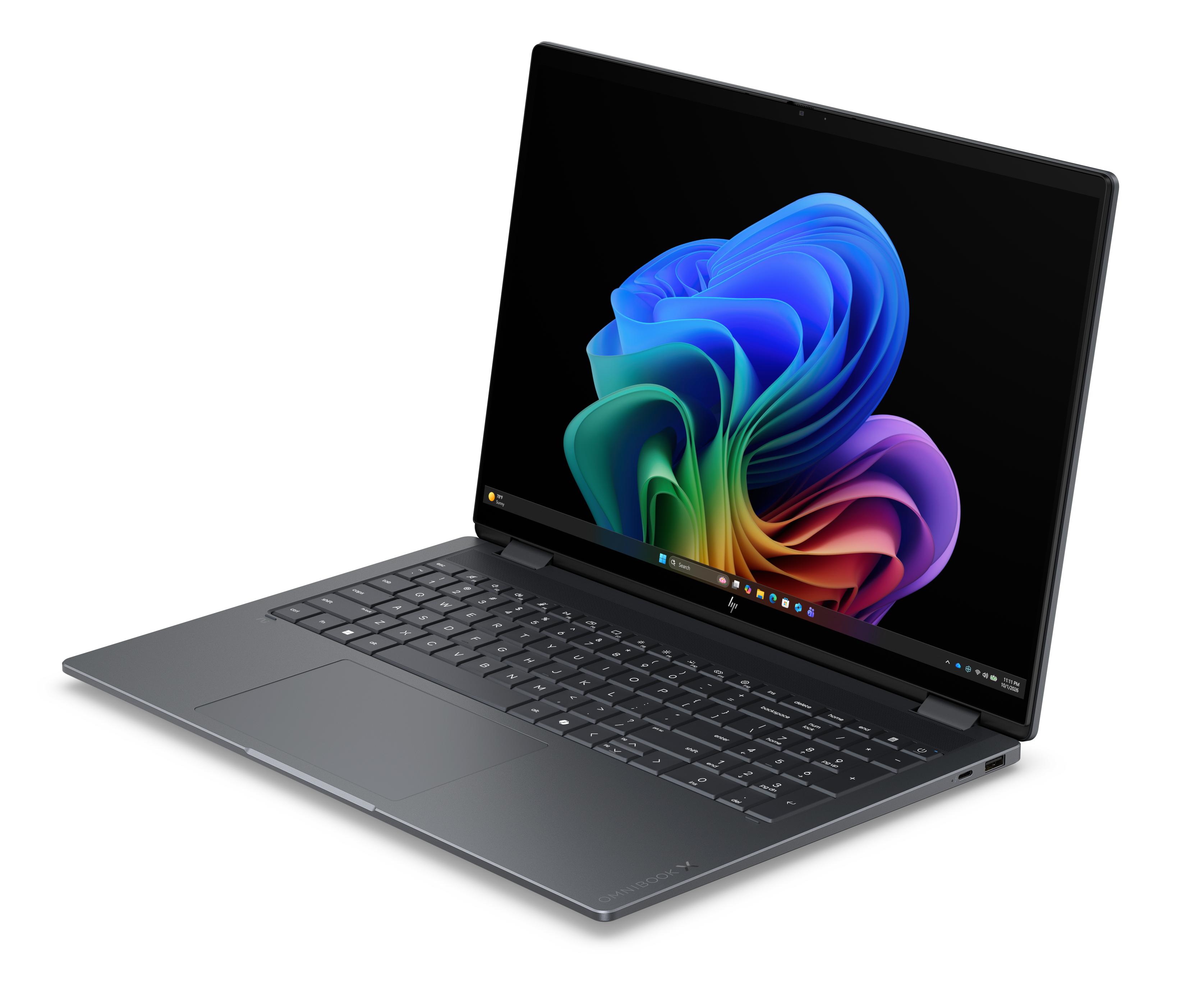 Ein graues HP Omnibook X Laptop mit beleuchteter Tastatur und einem bunten Windows-Hintergrund.