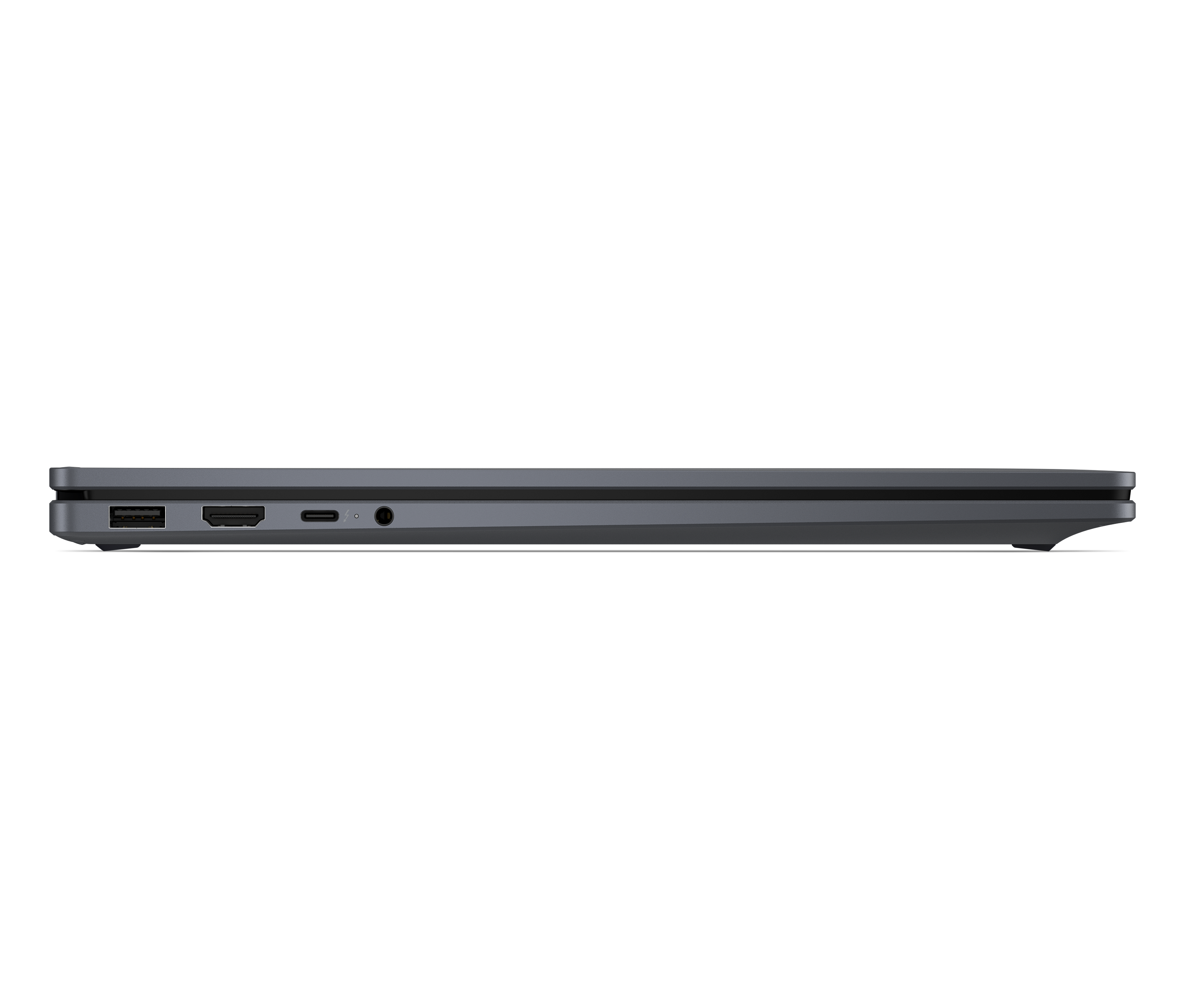 Die Seite eines grauen Laptops mit USB-, HDMI-, USB-C- und Audioanschlüssen.