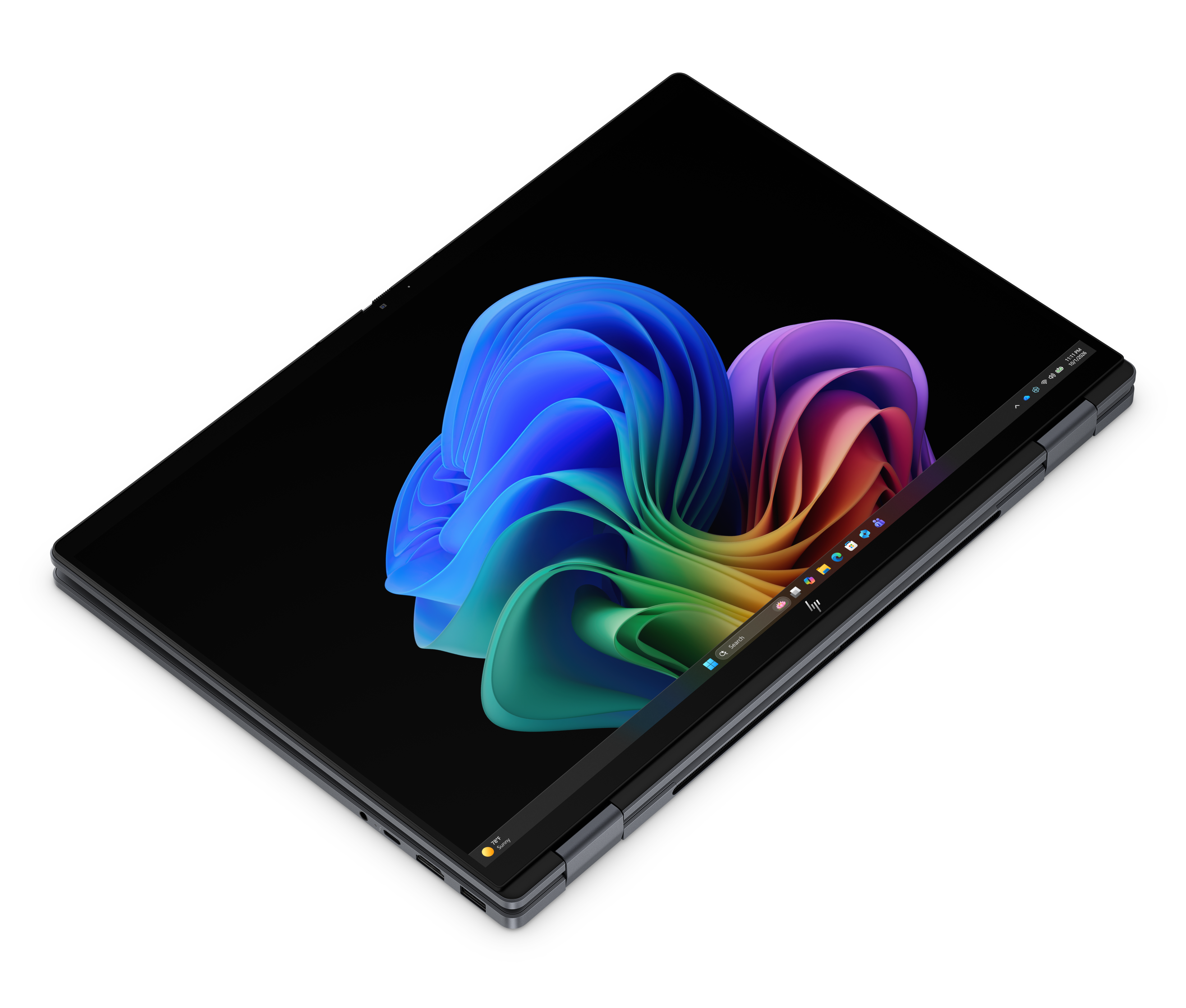 Ein graues Laptop mit einem bunten Hintergrundbild auf dem Bildschirm.