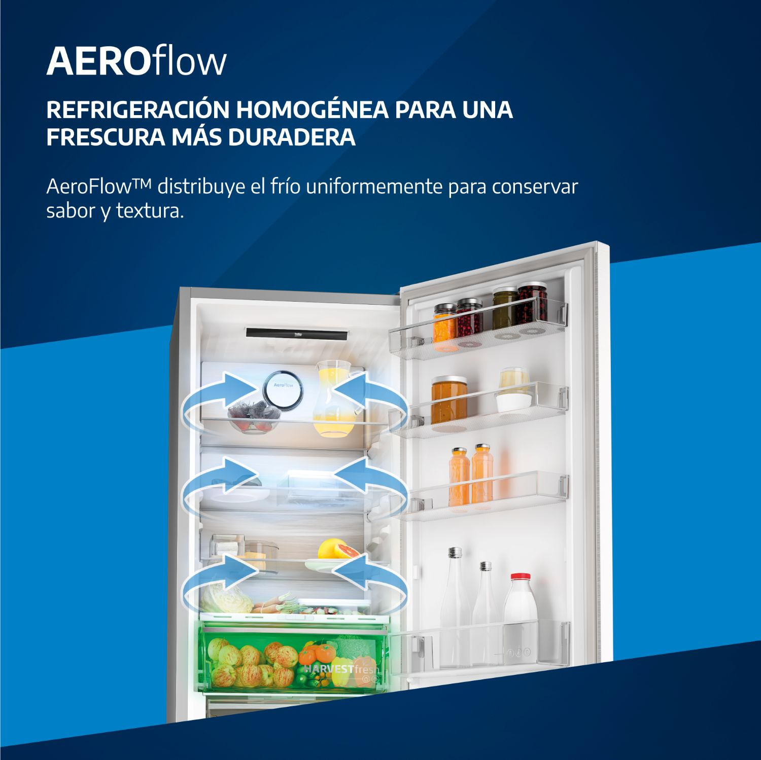AEROflow. Refrigeración homogénea para una frescura más duradera. AeroFlow distribuye el frío uniformemente para conservar sabor y textura.