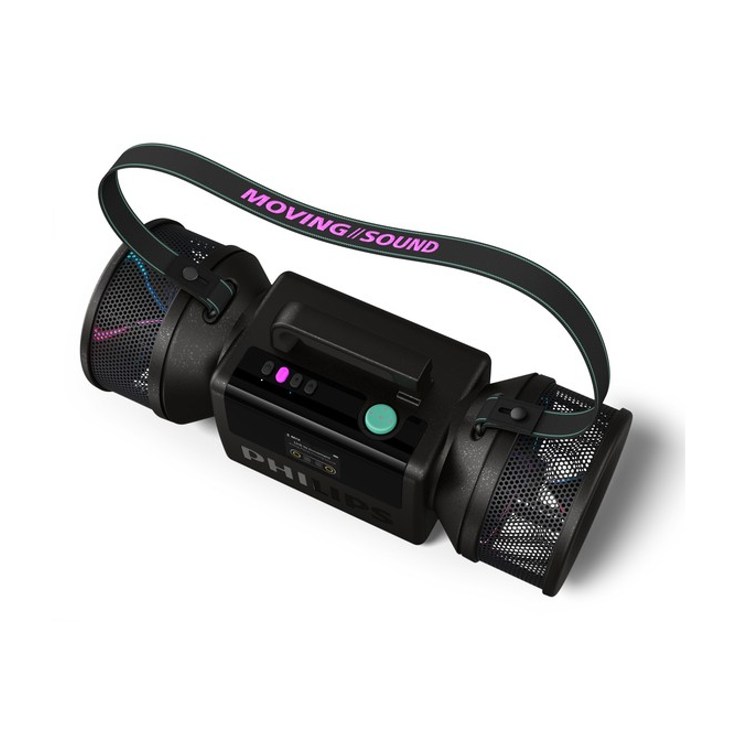 Altoparlante Bluetooth nero con manico e scritta "Moving Sound".