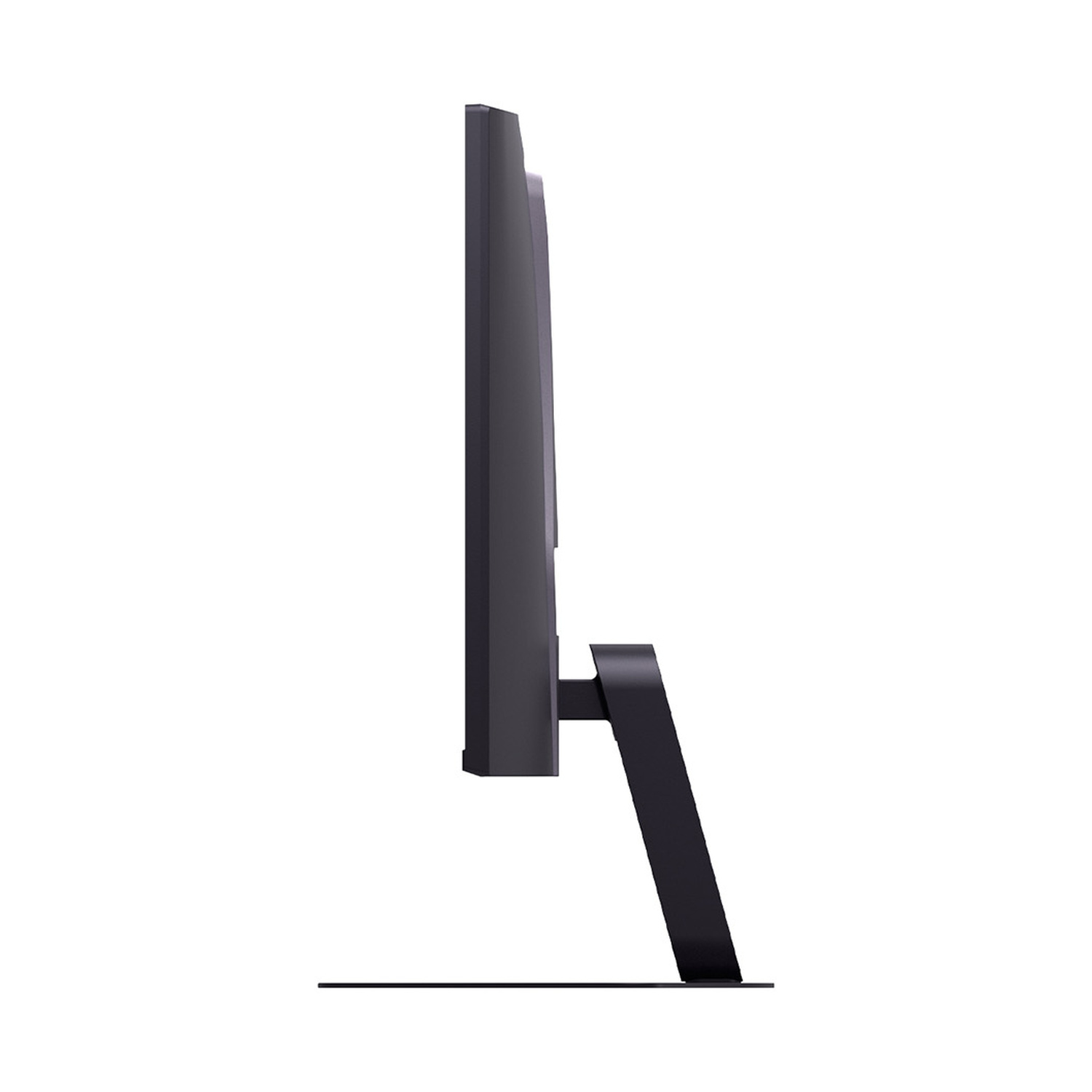 Un monitor di computer scuro con supporto elegante su sfondo bianco.