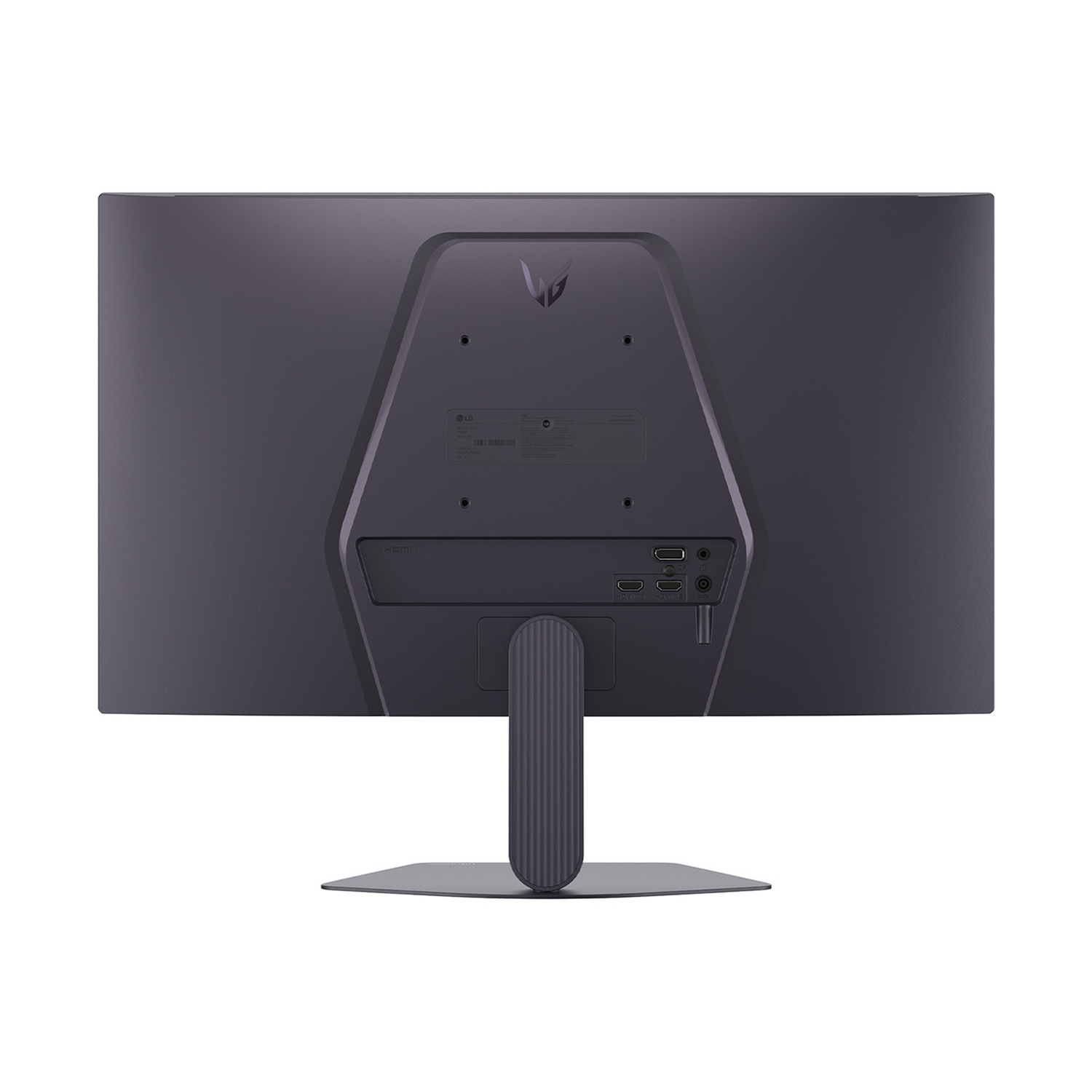 Retro di un monitor grigio scuro con porte e supporto.
