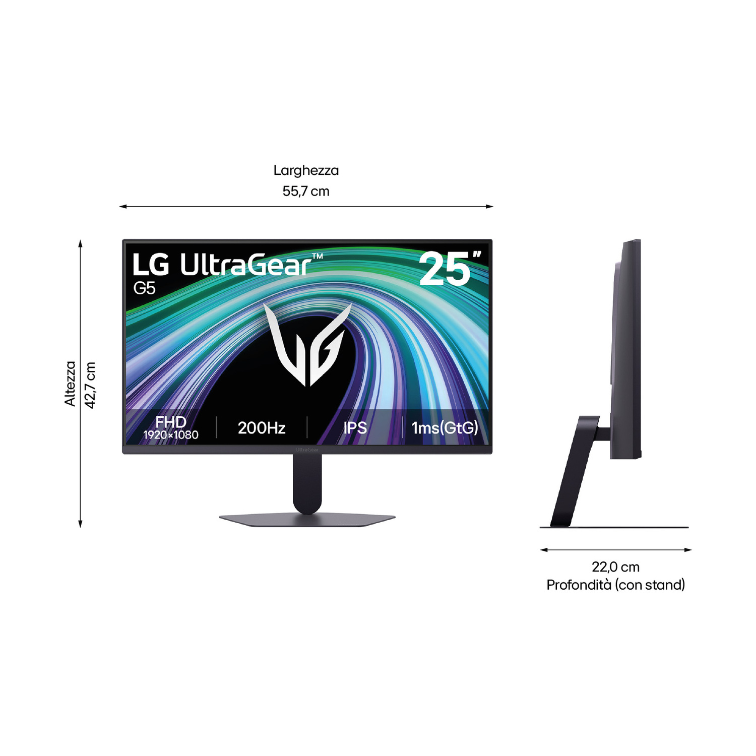 Monitor LG UltraGear G5: 25 pollici, FHD, 200Hz, IPS, 1ms. A: 42,7cm, L: 55,7cm, P: 22cm.