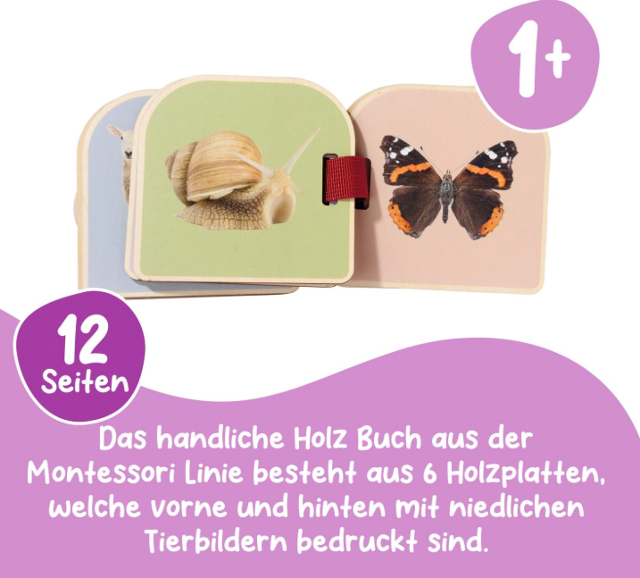 Ein Holzbilderbuch mit Tieren wie Schnecke und Schmetterling.