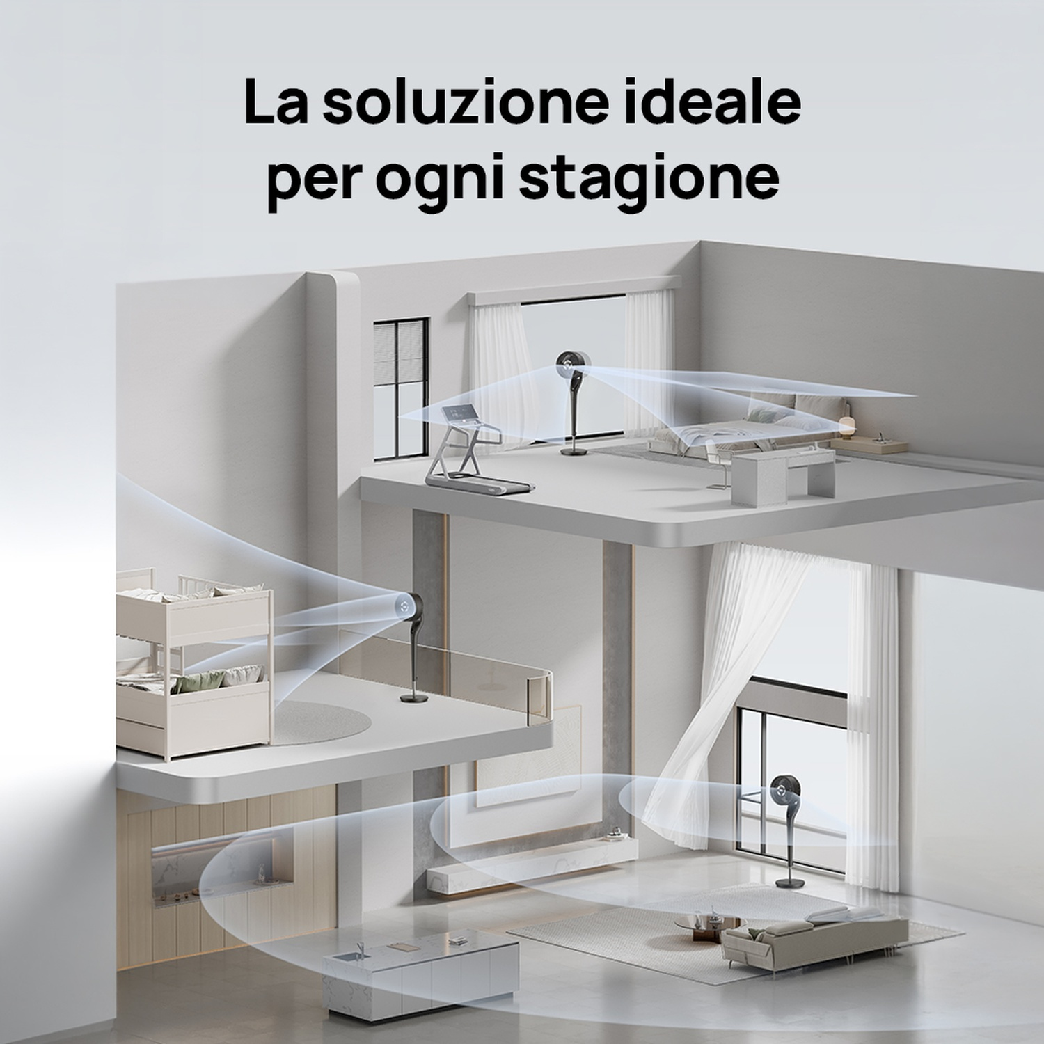 Una casa a più piani mostra ventilatori che fanno circolare l'aria in varie stanze.