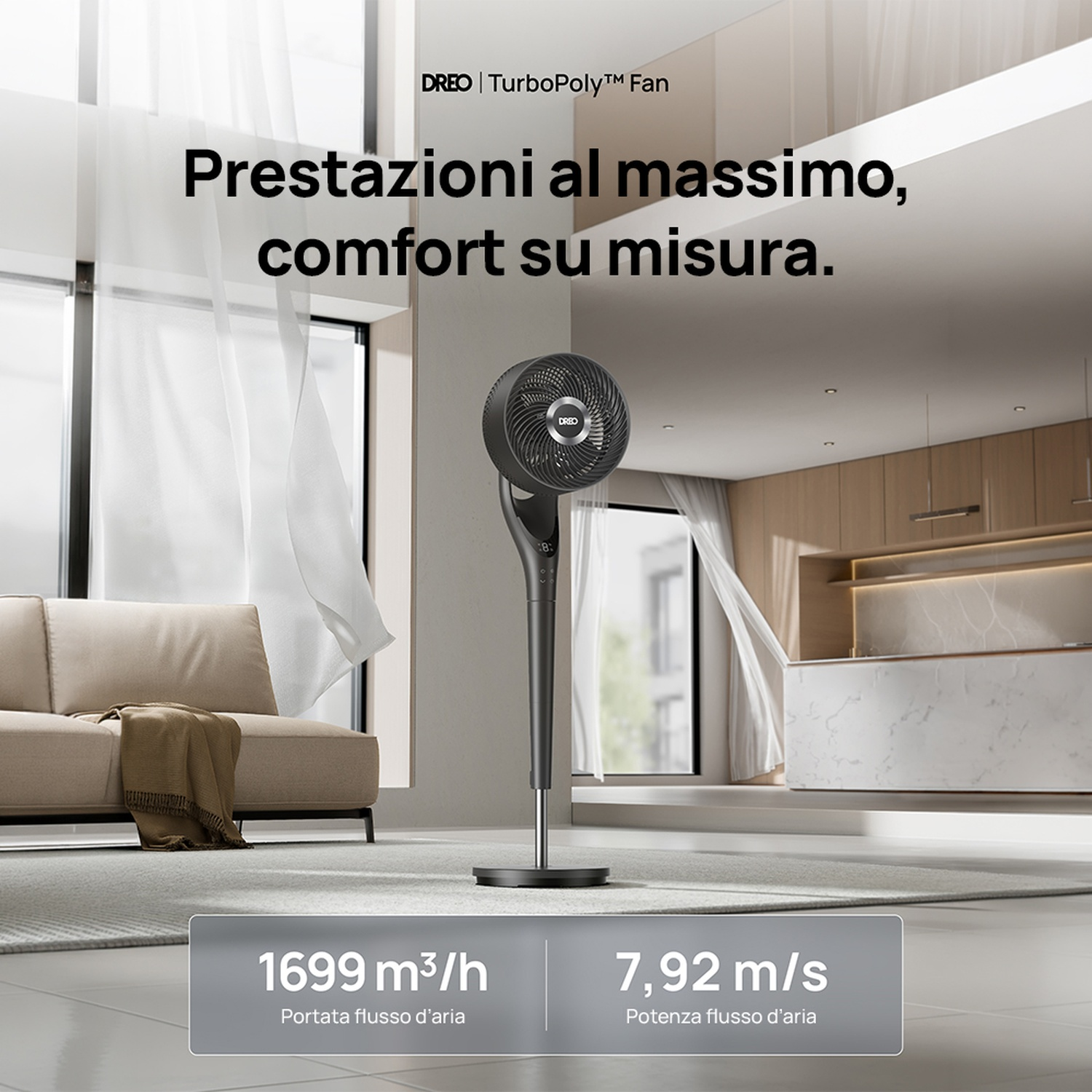 Una stanza moderna con ventilatore DREO TurboPoly, divano e bancone.