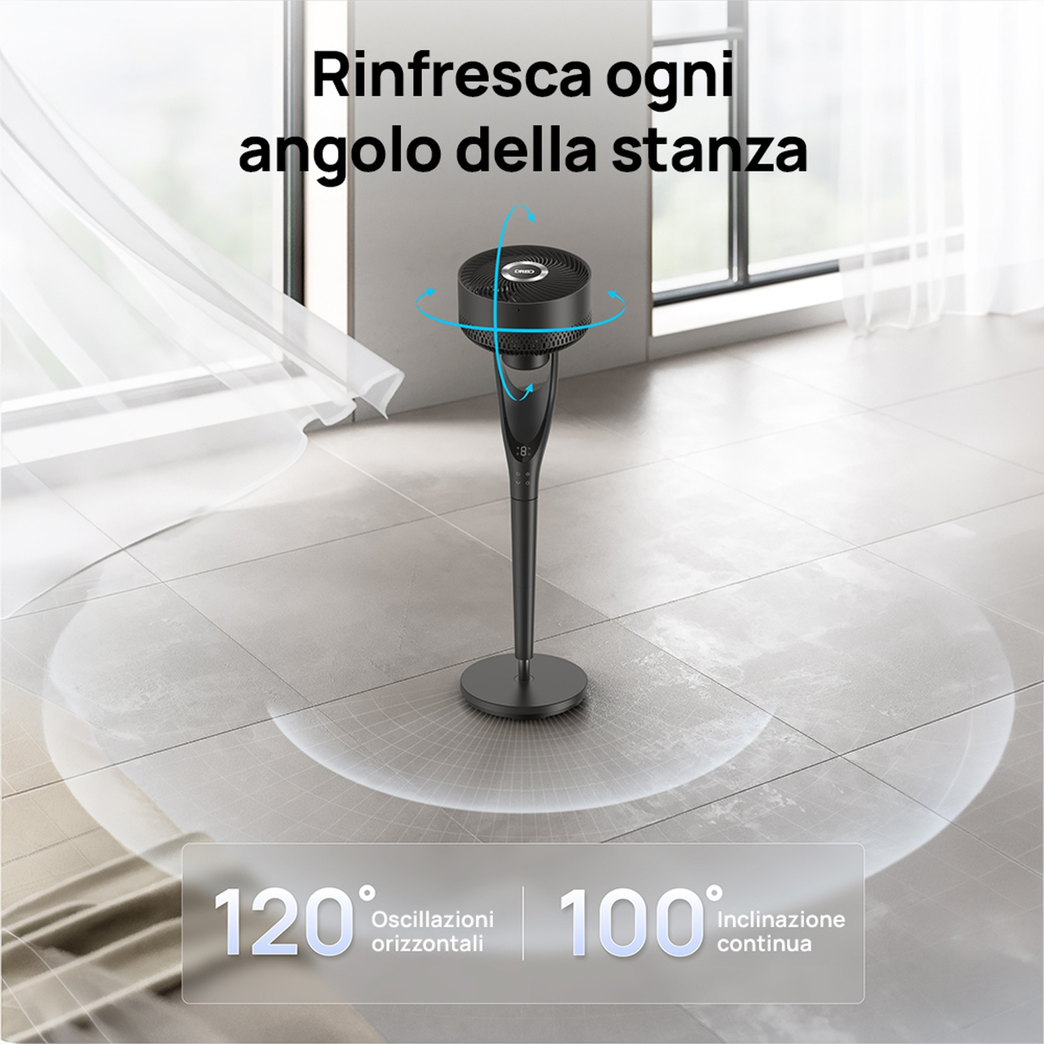 Un ventilatore nero con frecce oscillanti e marcature 120°/100°.