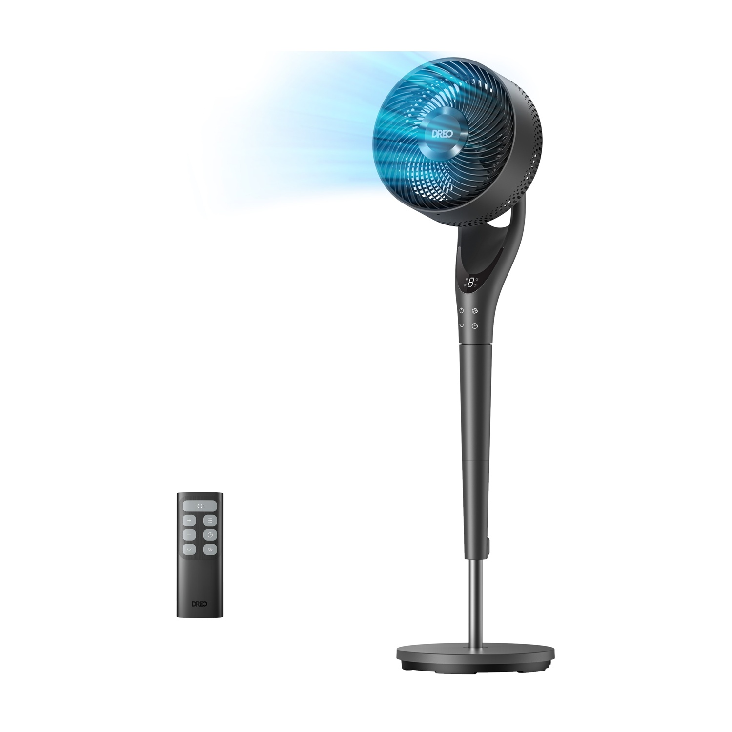 Un ventilatore da terra nero con telecomando, che mostra un flusso d'aria blu.