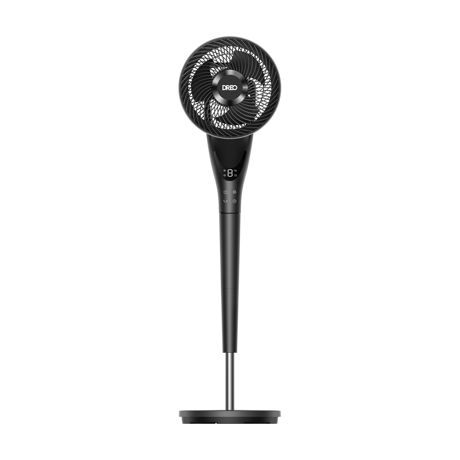 Un ventilatore da terra nero con testa rotonda e display digitale.