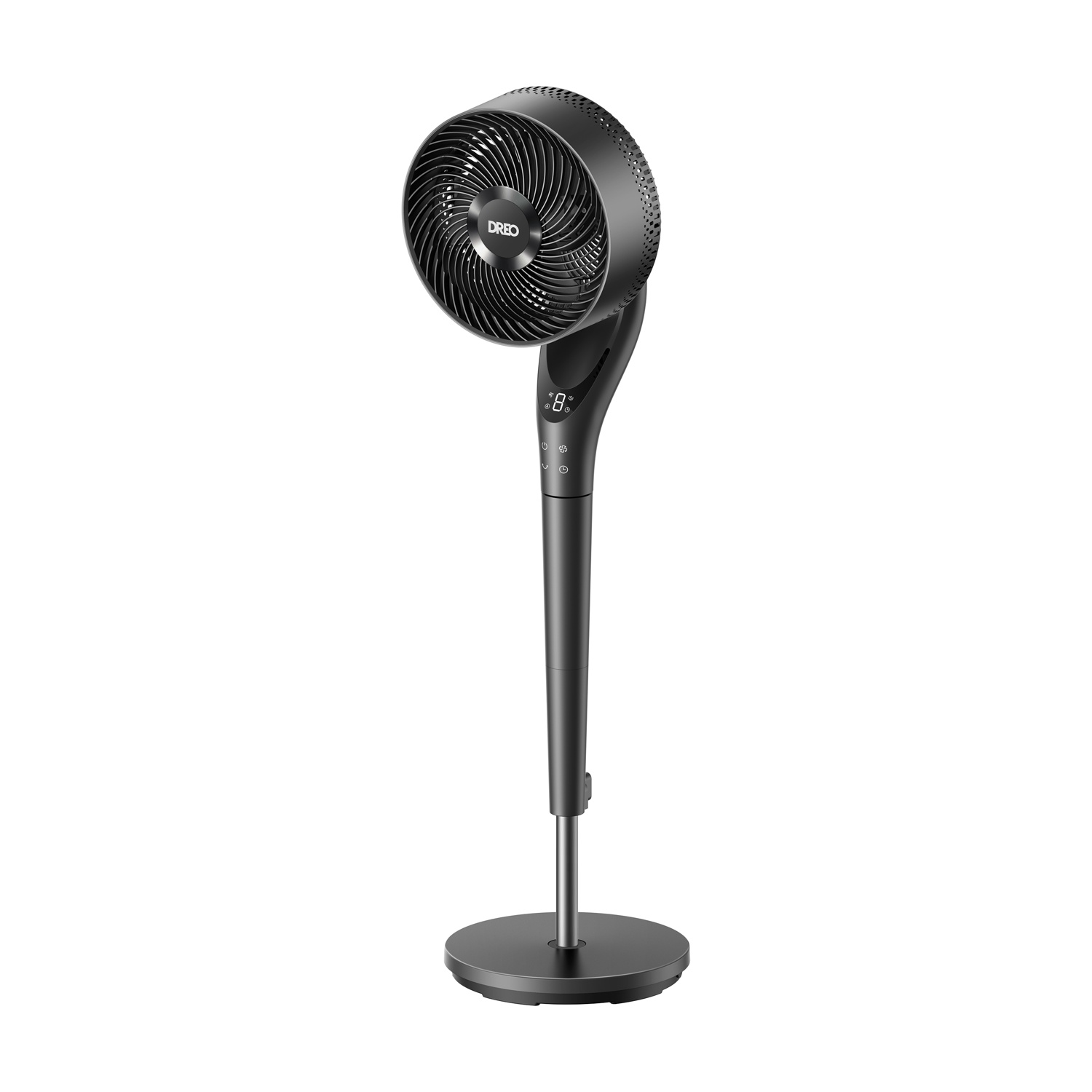 Un ventilatore da terra nero con base rotonda e display digitale.
