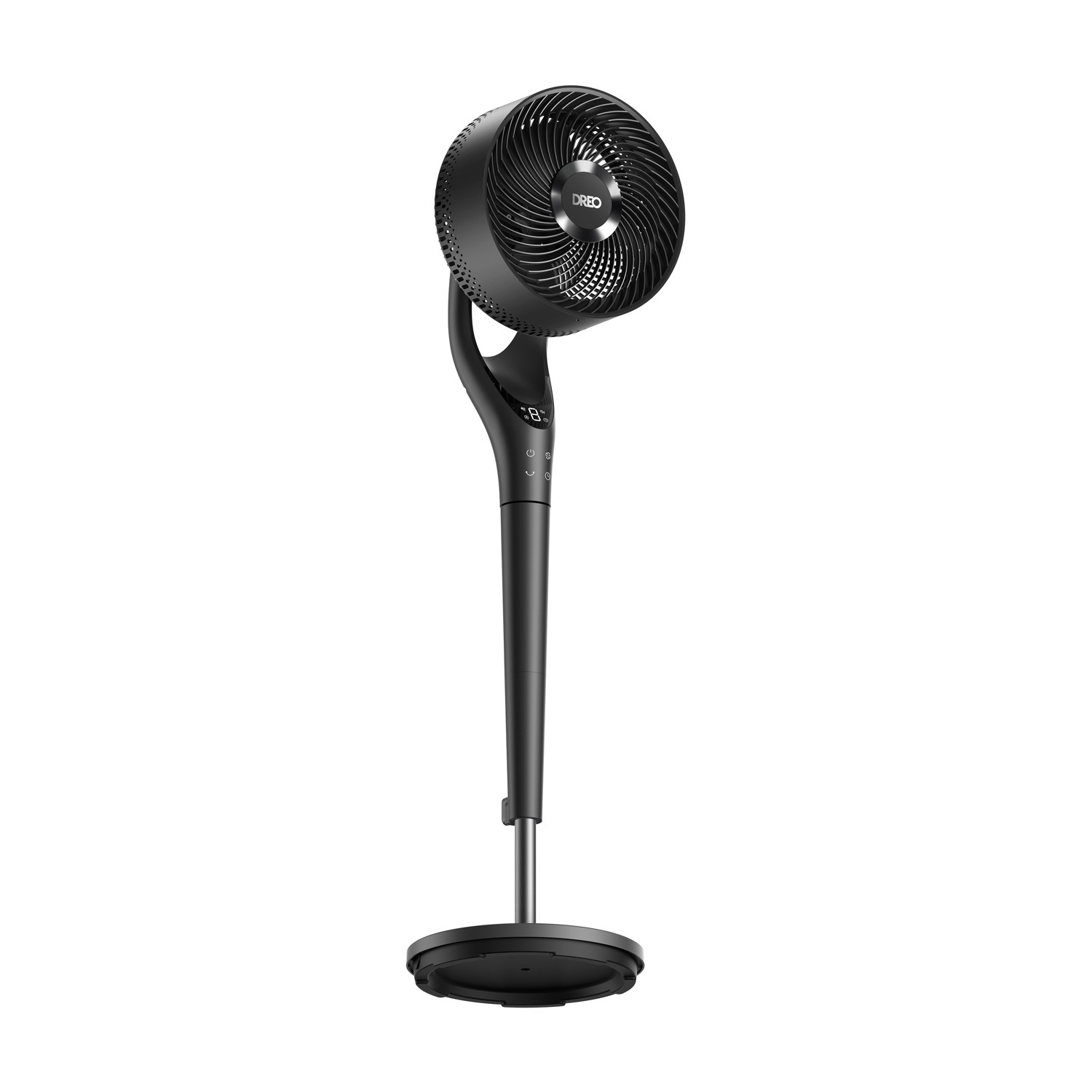 Un ventilatore da terra nero con display digitale e telecomando.