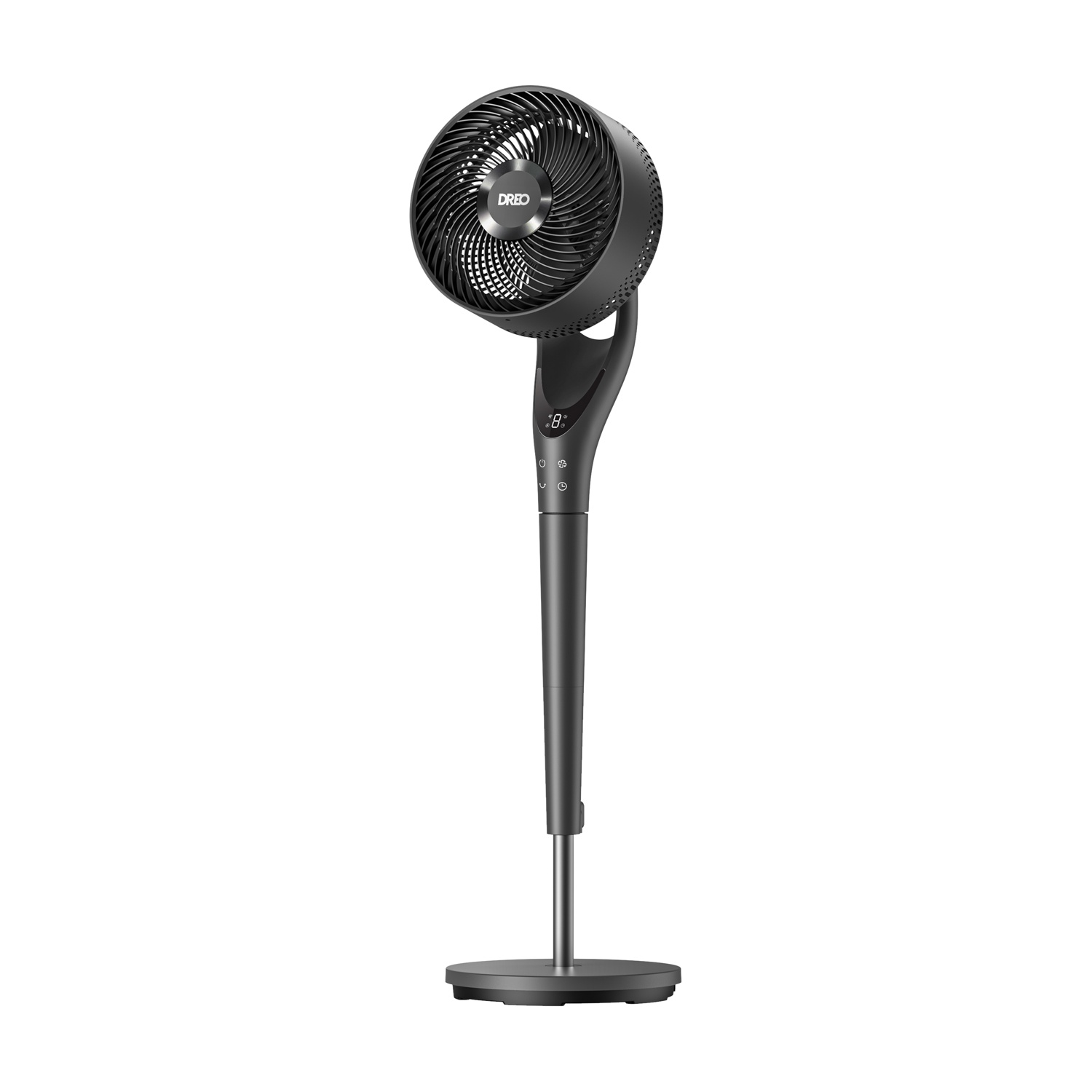Un ventilatore da terra scuro e moderno con testa rotonda e display digitale.
