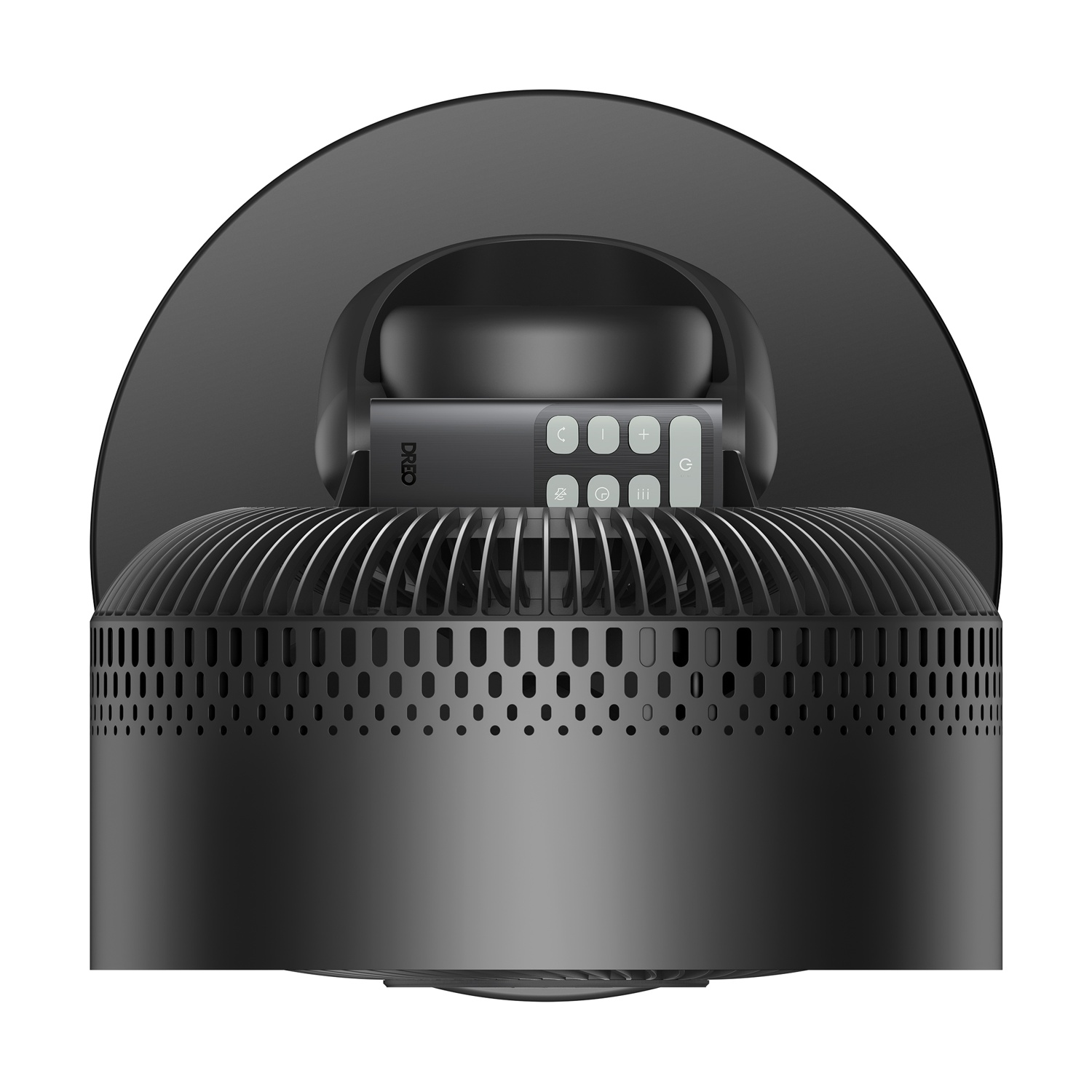 Un ventilatore nero con telecomando e pulsanti di controllo.