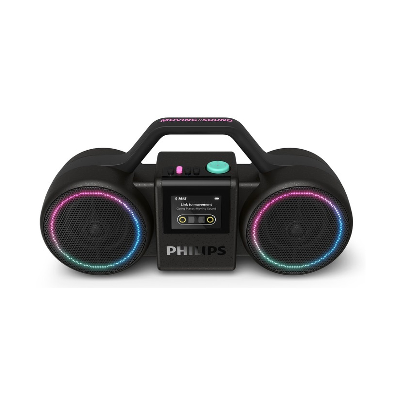 Altoparlante portatile nero con manico e luci colorate. Logo Philips.
